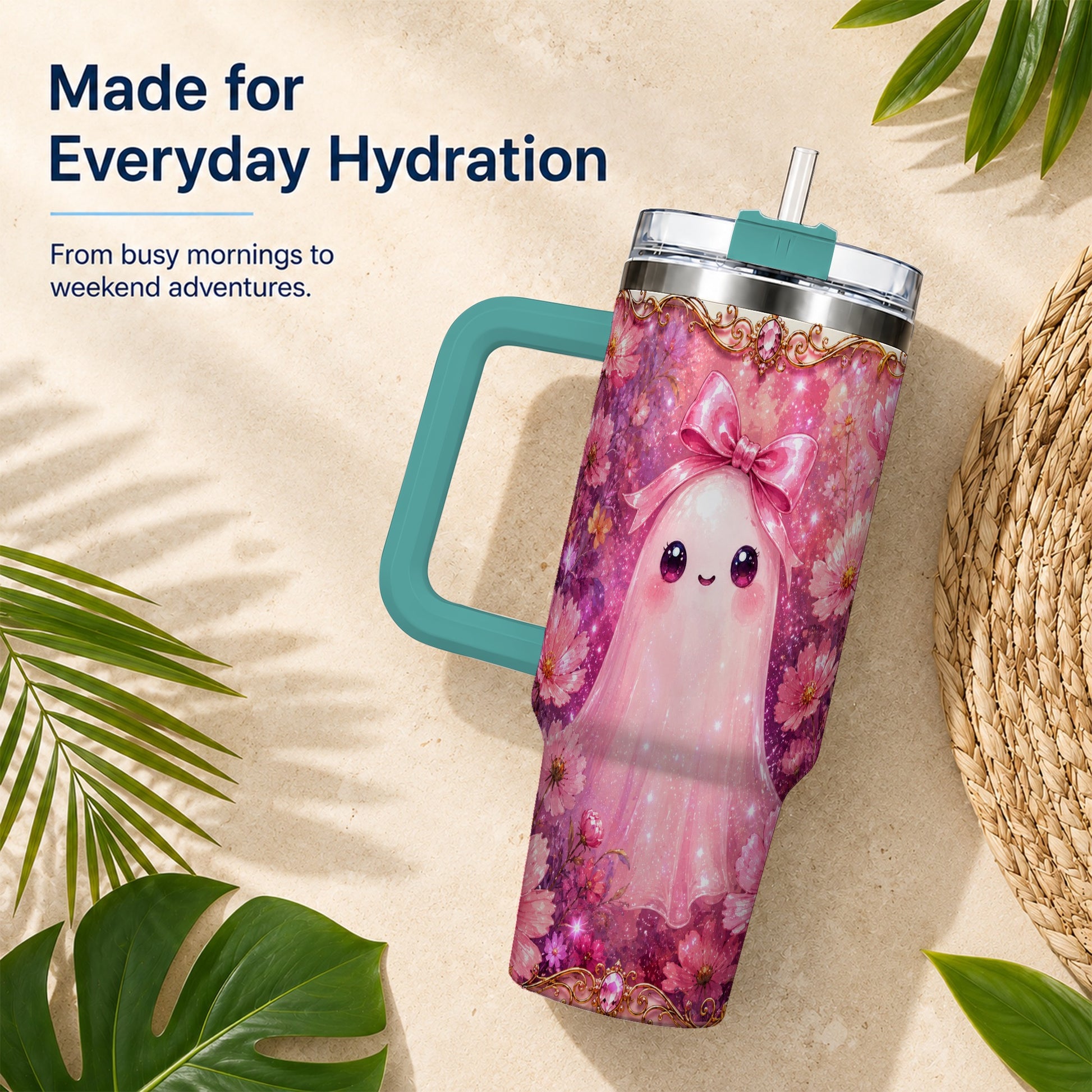 #pl[40oz|Green] Pink Ghost 40oz Tumbler, Floral Bow Kawaii Stainless Steel Travel Cup
