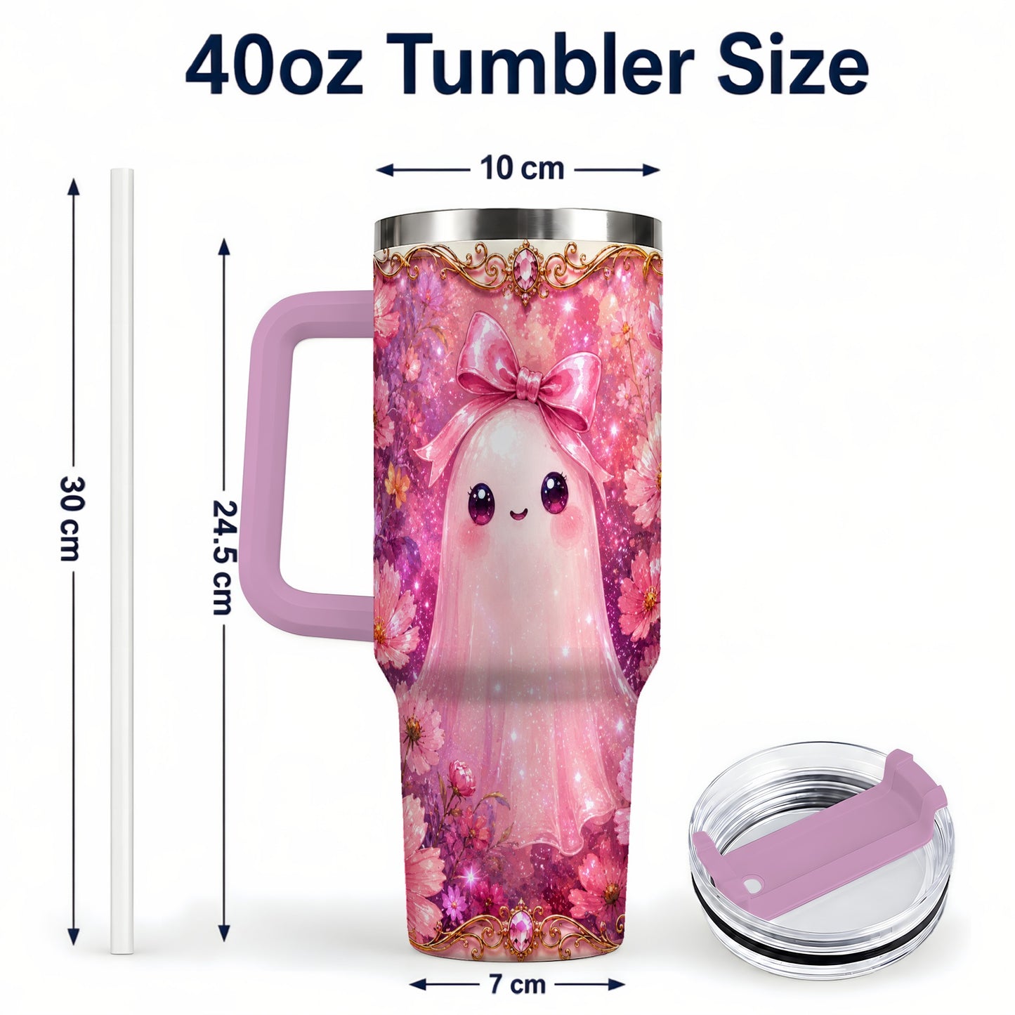 #pl[40oz|Pink] Pink Ghost 40oz Tumbler, Floral Bow Kawaii Stainless Steel Travel Cup