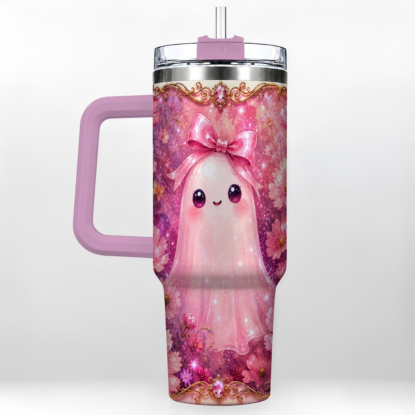 #pl[40oz|Pink] Pink Ghost 40oz Tumbler, Floral Bow Kawaii Stainless Steel Travel Cup