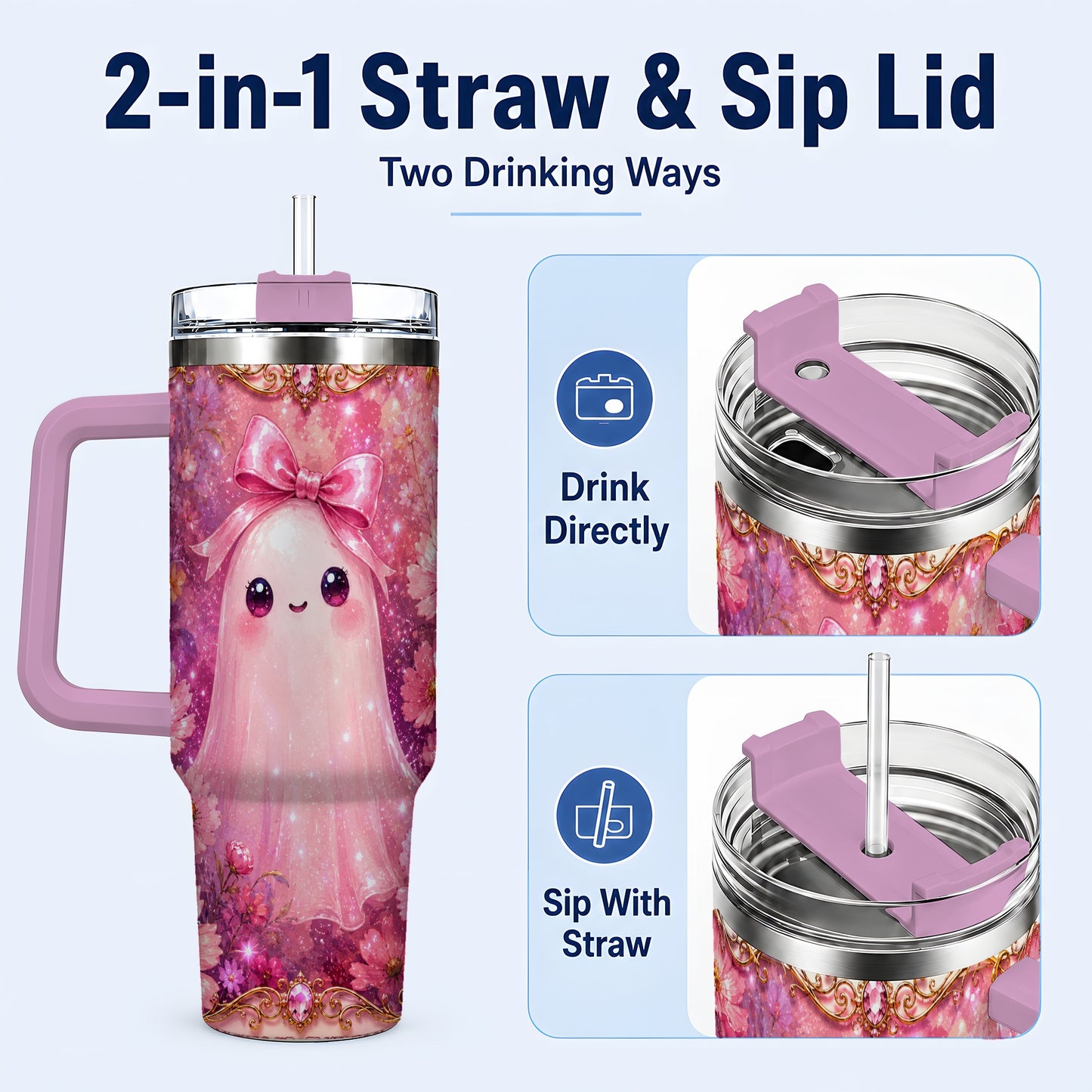 #pl[40oz|Pink] Pink Ghost 40oz Tumbler, Floral Bow Kawaii Stainless Steel Travel Cup