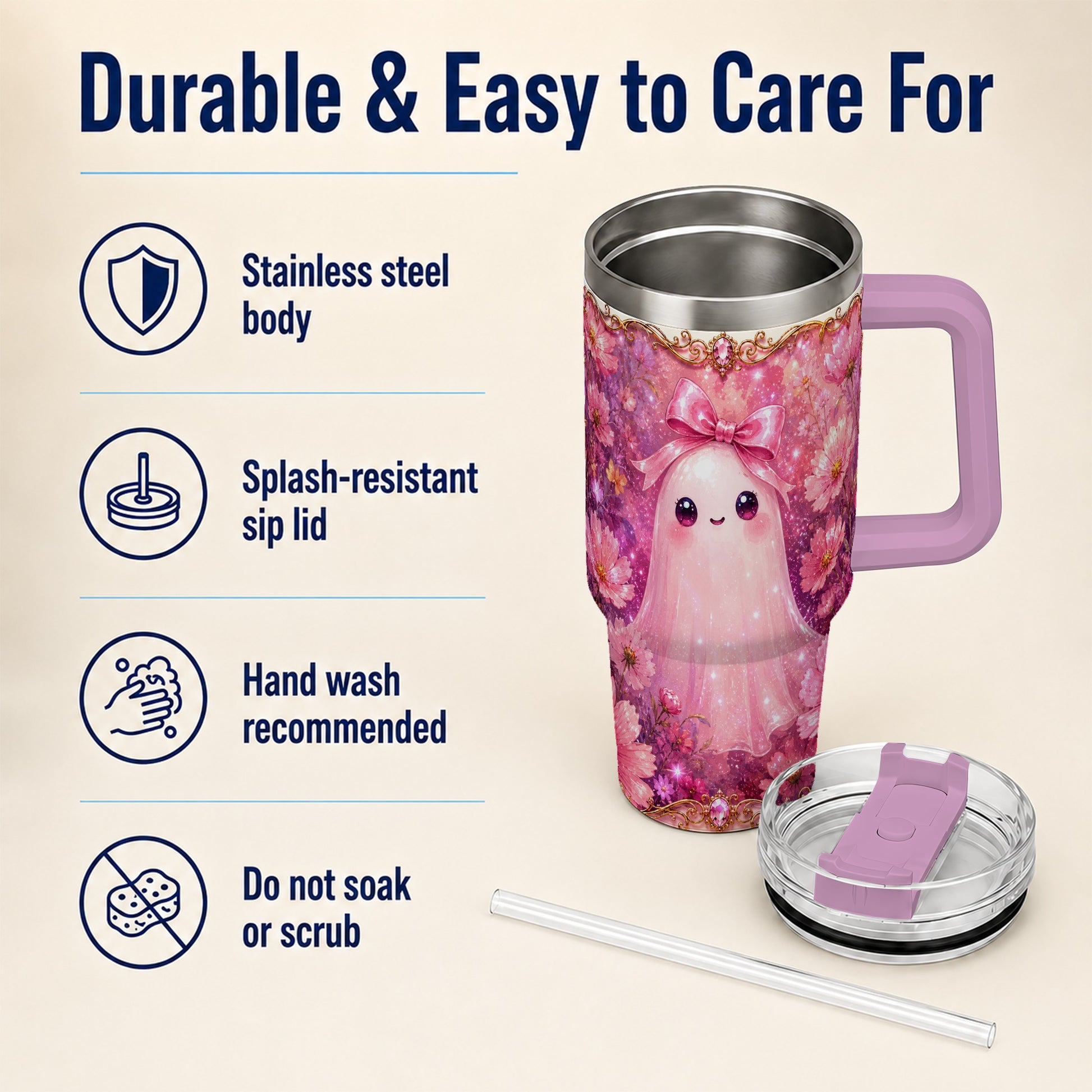 #pl[40oz|Pink] Pink Ghost 40oz Tumbler, Floral Bow Kawaii Stainless Steel Travel Cup