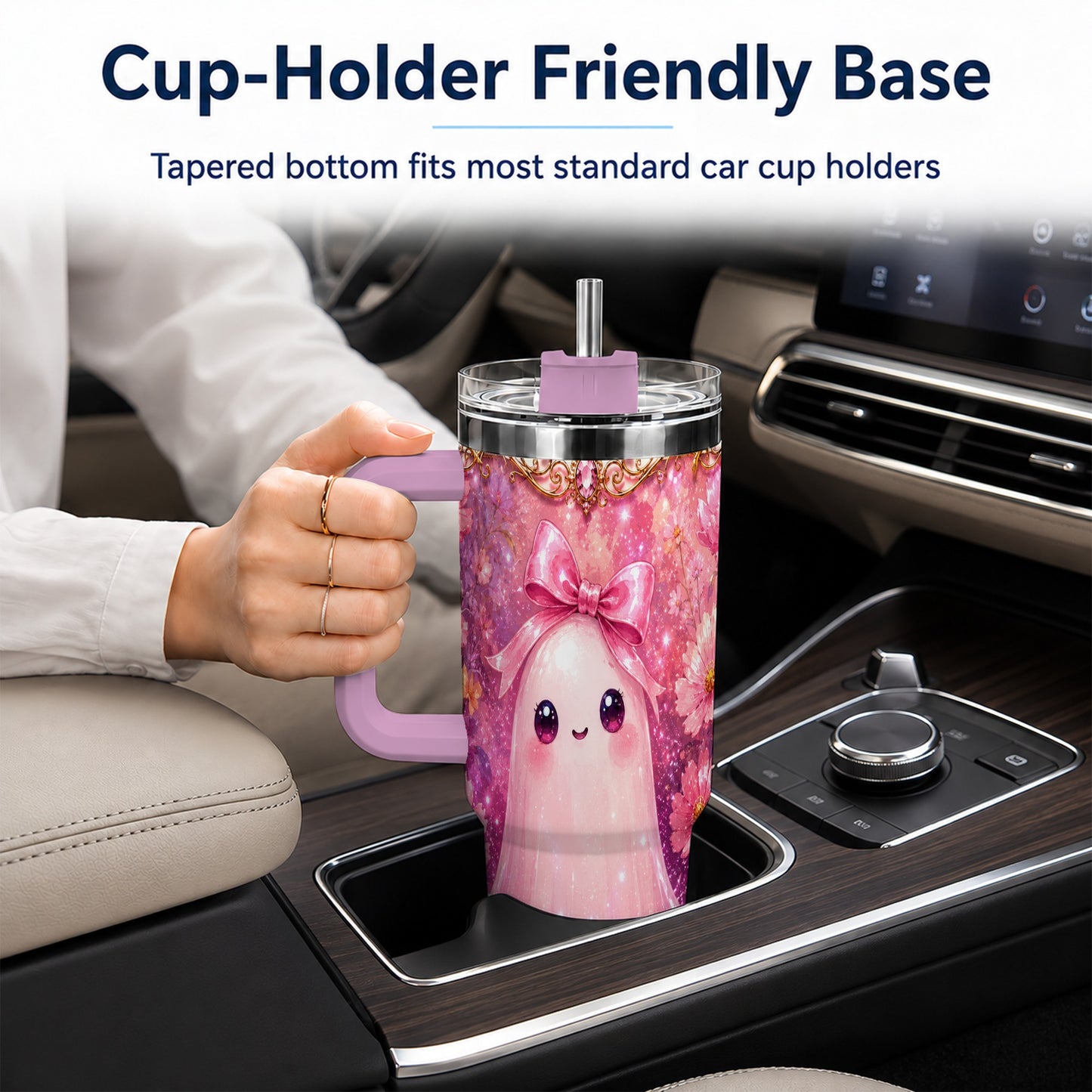 #pl[40oz|Pink] Pink Ghost 40oz Tumbler, Floral Bow Kawaii Stainless Steel Travel Cup