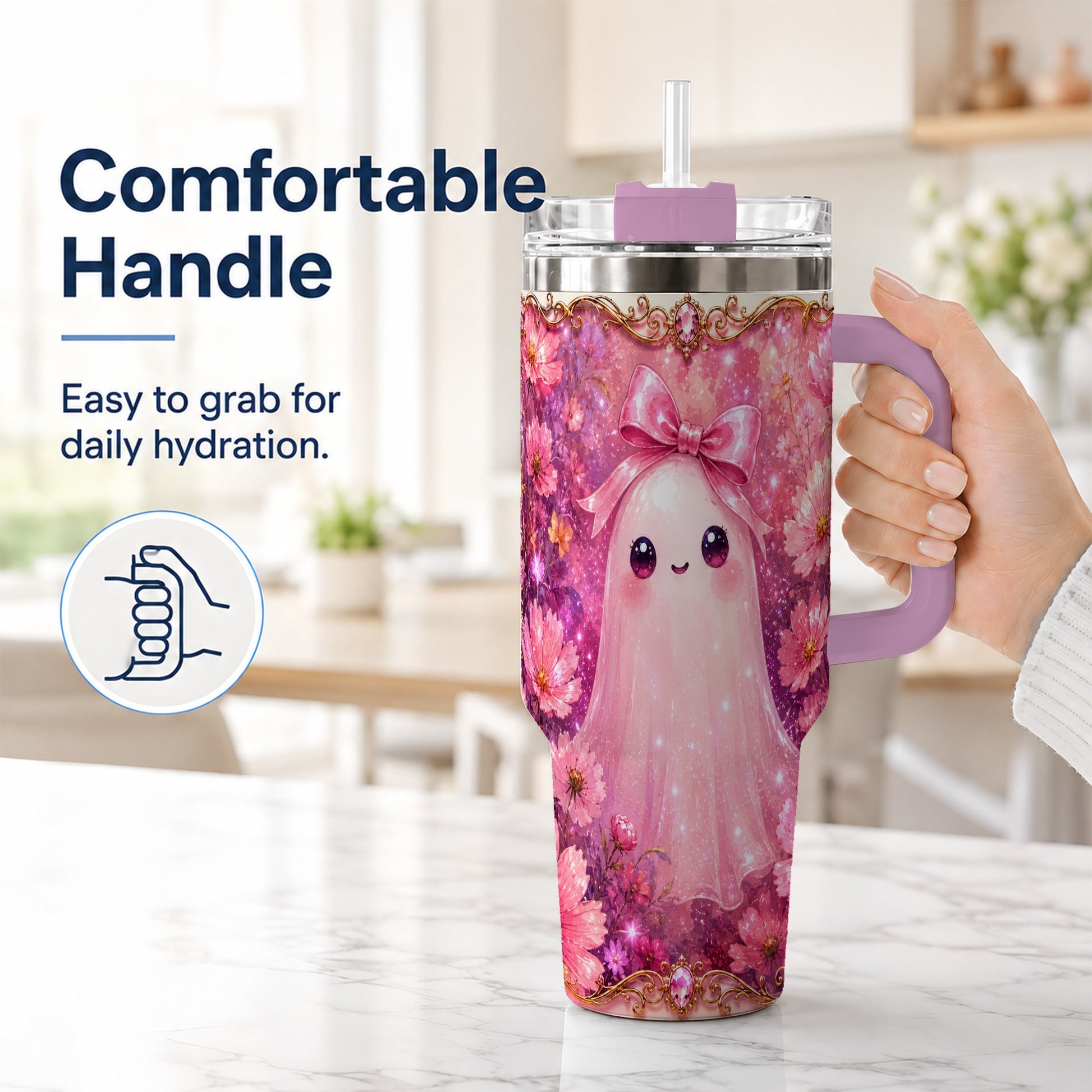 #pl[40oz|Pink] Pink Ghost 40oz Tumbler, Floral Bow Kawaii Stainless Steel Travel Cup