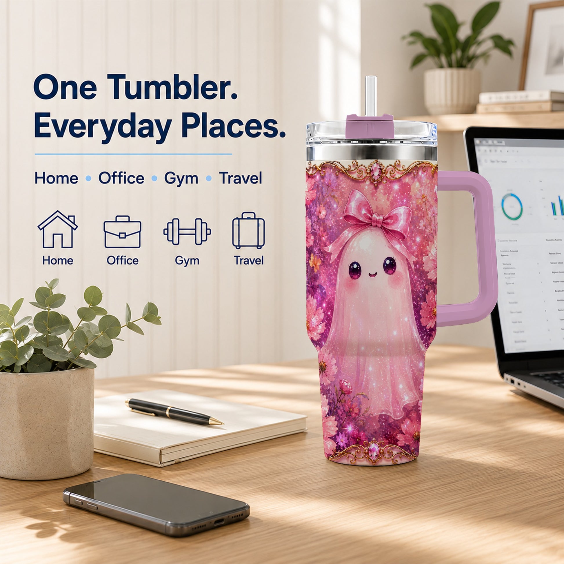 #pl[40oz|Pink] Pink Ghost 40oz Tumbler, Floral Bow Kawaii Stainless Steel Travel Cup