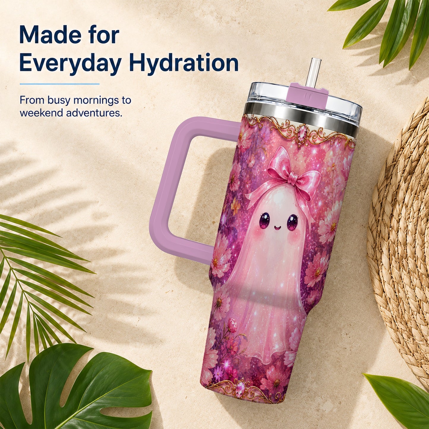 #pl[40oz|Pink] Pink Ghost 40oz Tumbler, Floral Bow Kawaii Stainless Steel Travel Cup
