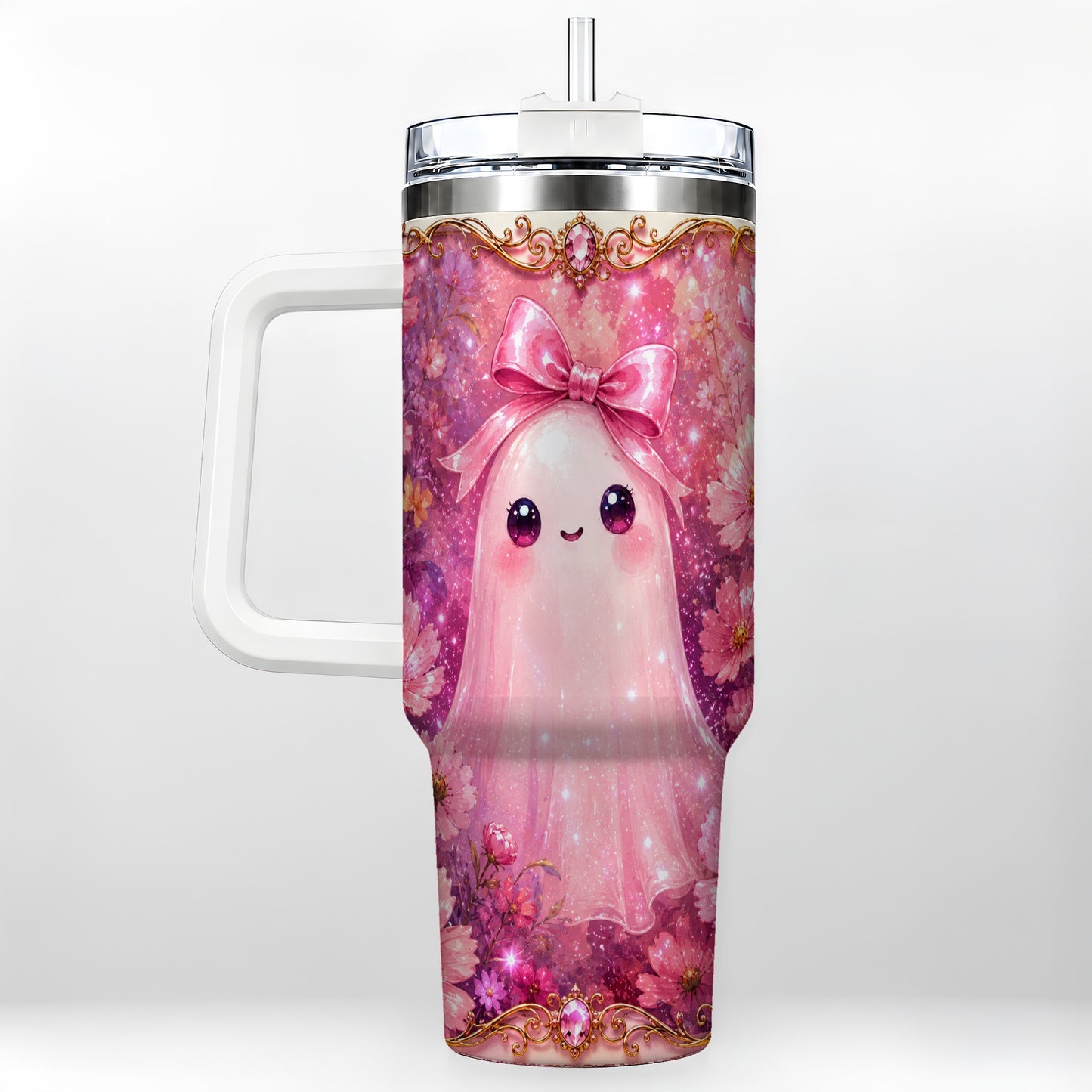 #pl[40oz|White] Pink Ghost 40oz Tumbler, Floral Bow Kawaii Stainless Steel Travel Cup