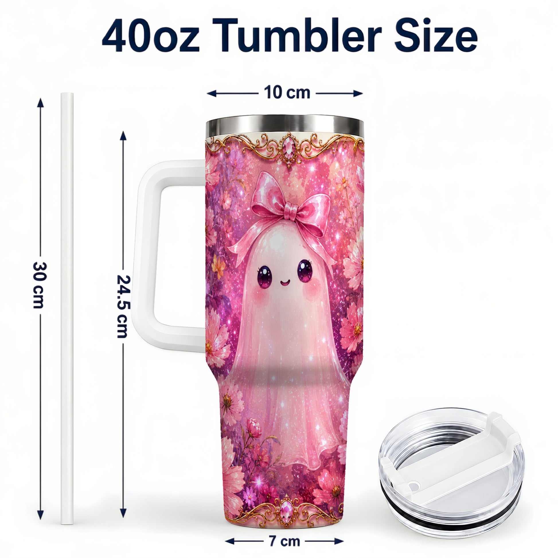 #pl[40oz|White] Pink Ghost 40oz Tumbler, Floral Bow Kawaii Stainless Steel Travel Cup