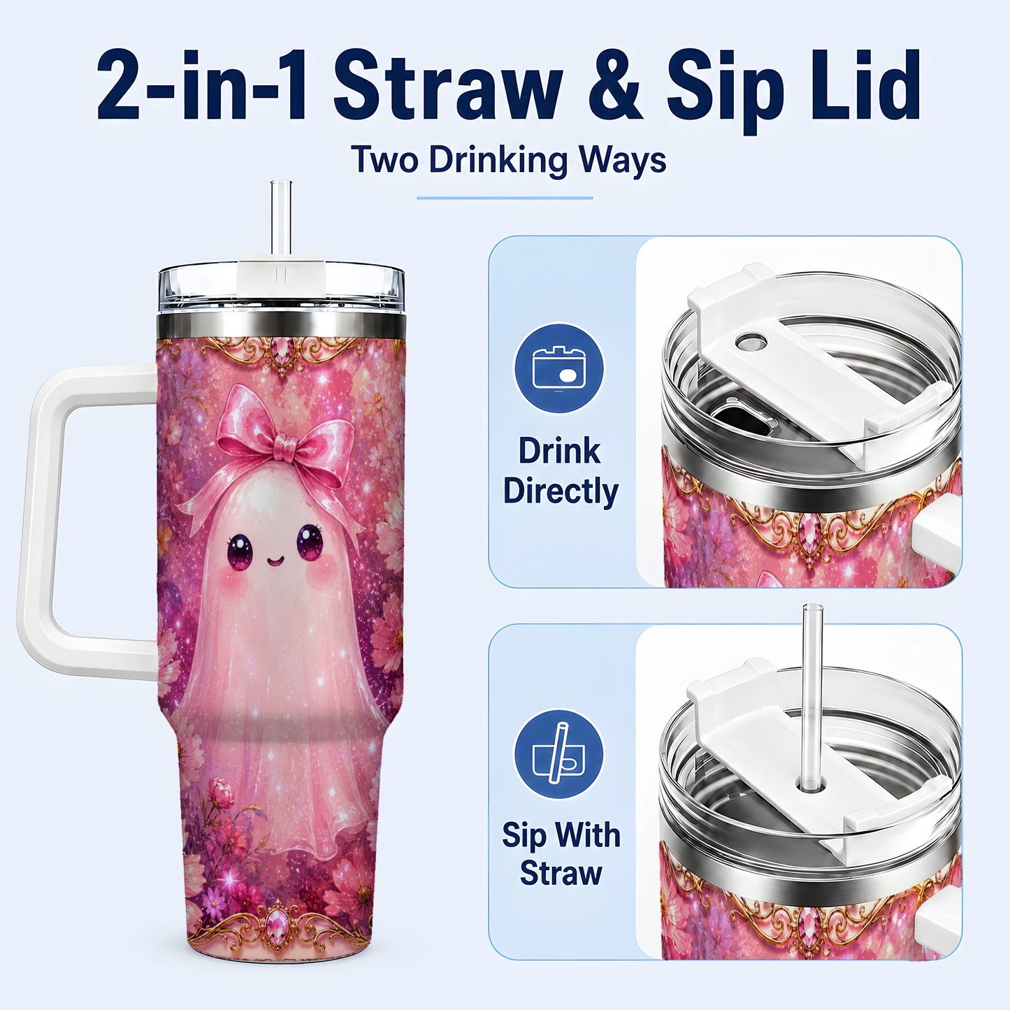#pl[40oz|White] Pink Ghost 40oz Tumbler, Floral Bow Kawaii Stainless Steel Travel Cup