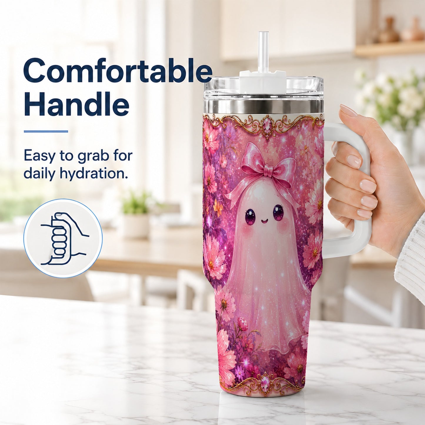 #pl[40oz|White] Pink Ghost 40oz Tumbler, Floral Bow Kawaii Stainless Steel Travel Cup