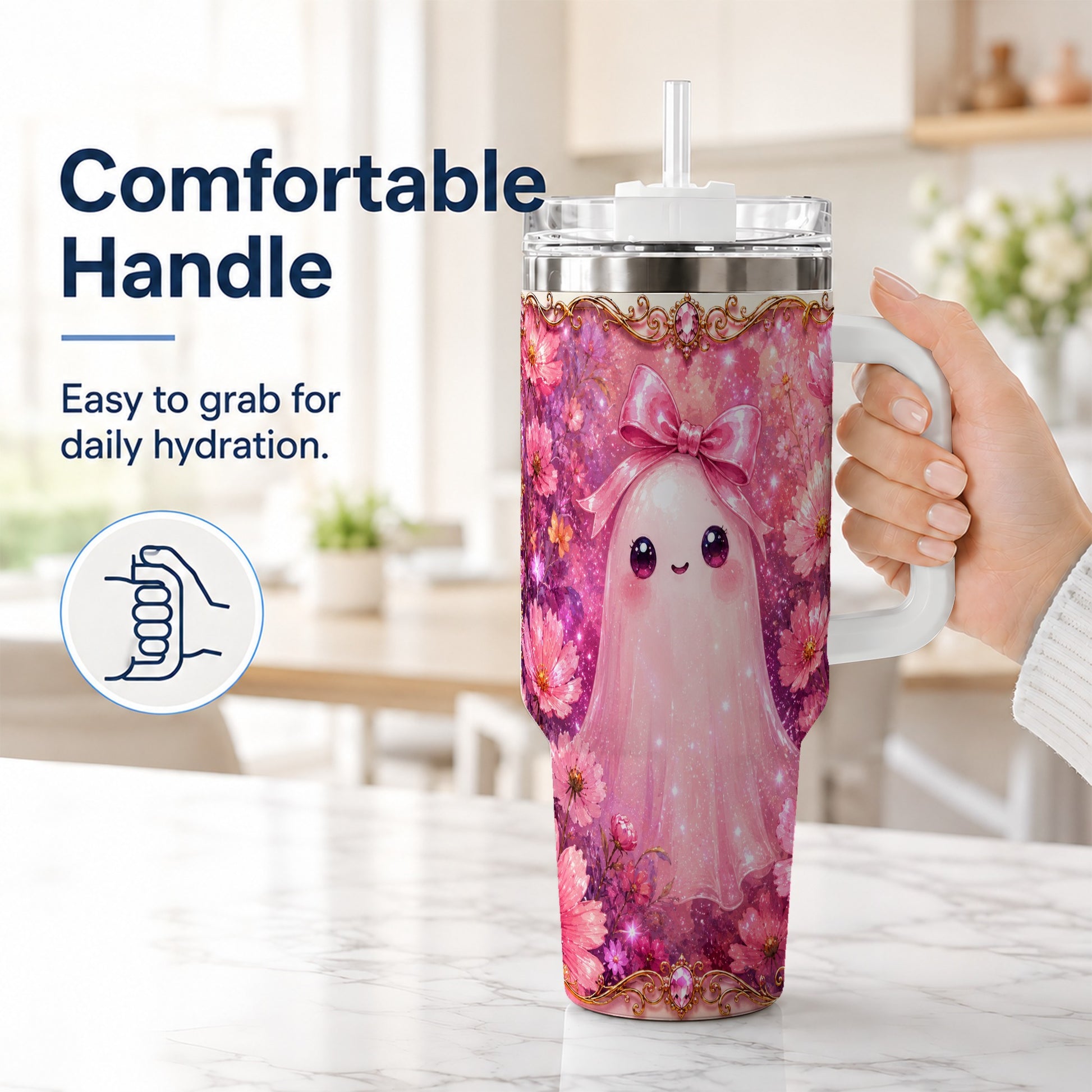 #pl[40oz|White] Pink Ghost 40oz Tumbler, Floral Bow Kawaii Stainless Steel Travel Cup