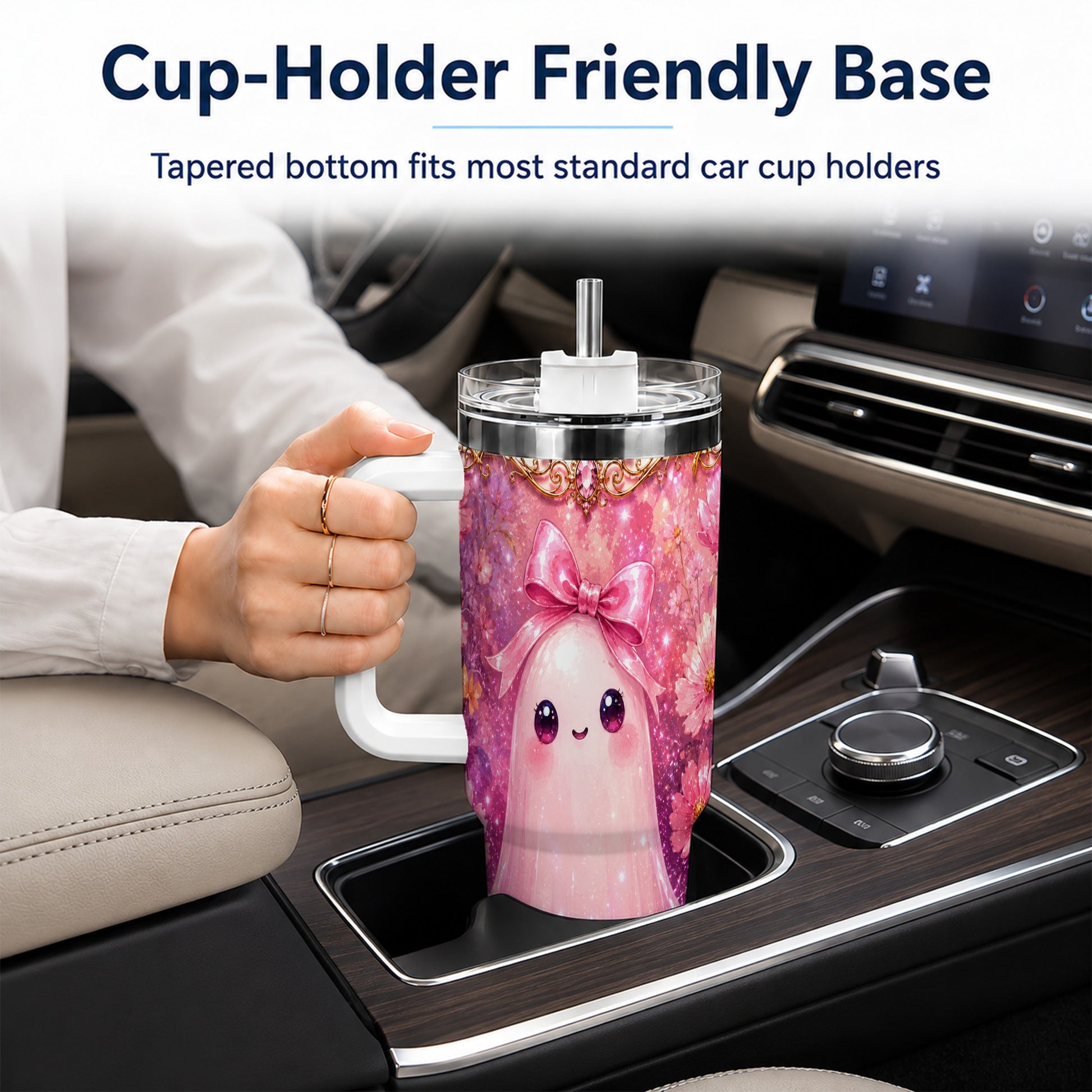 #pl[40oz|White] Pink Ghost 40oz Tumbler, Floral Bow Kawaii Stainless Steel Travel Cup