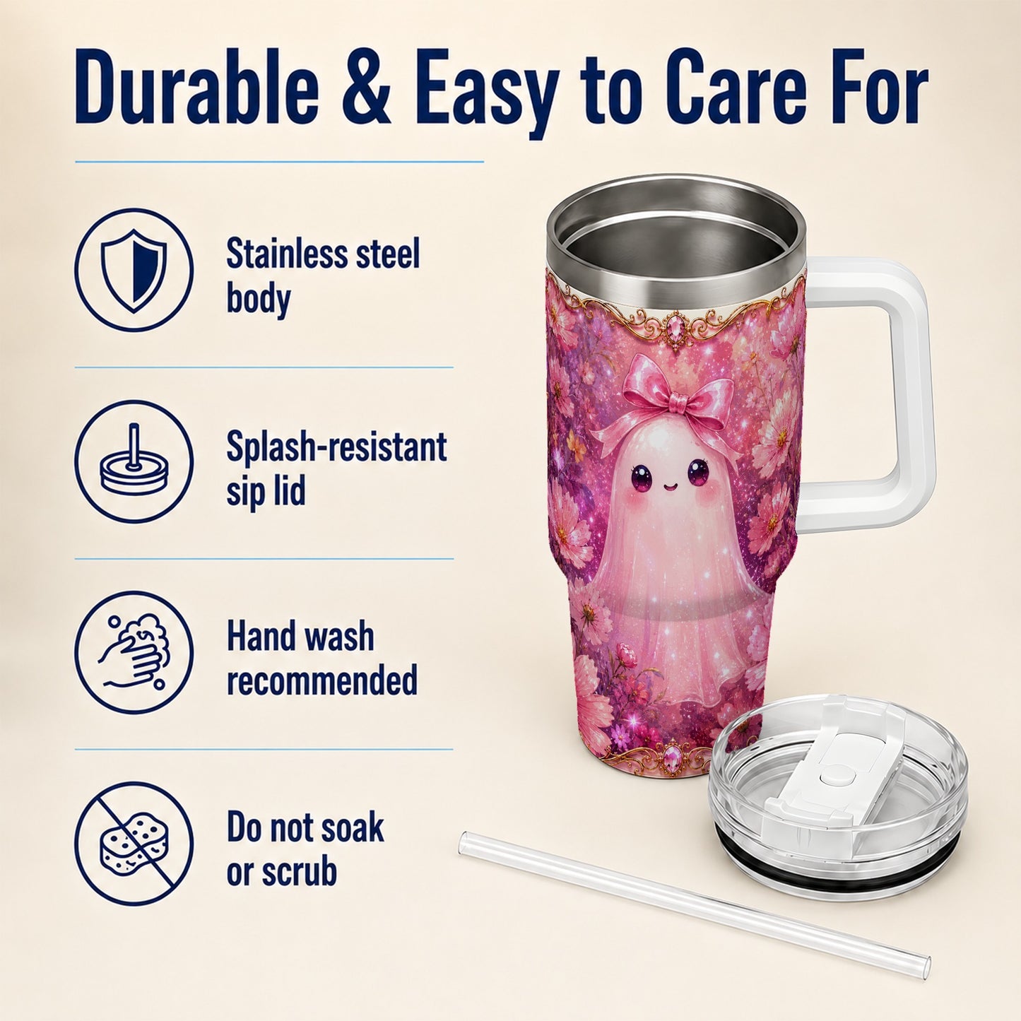 #pl[40oz|White] Pink Ghost 40oz Tumbler, Floral Bow Kawaii Stainless Steel Travel Cup