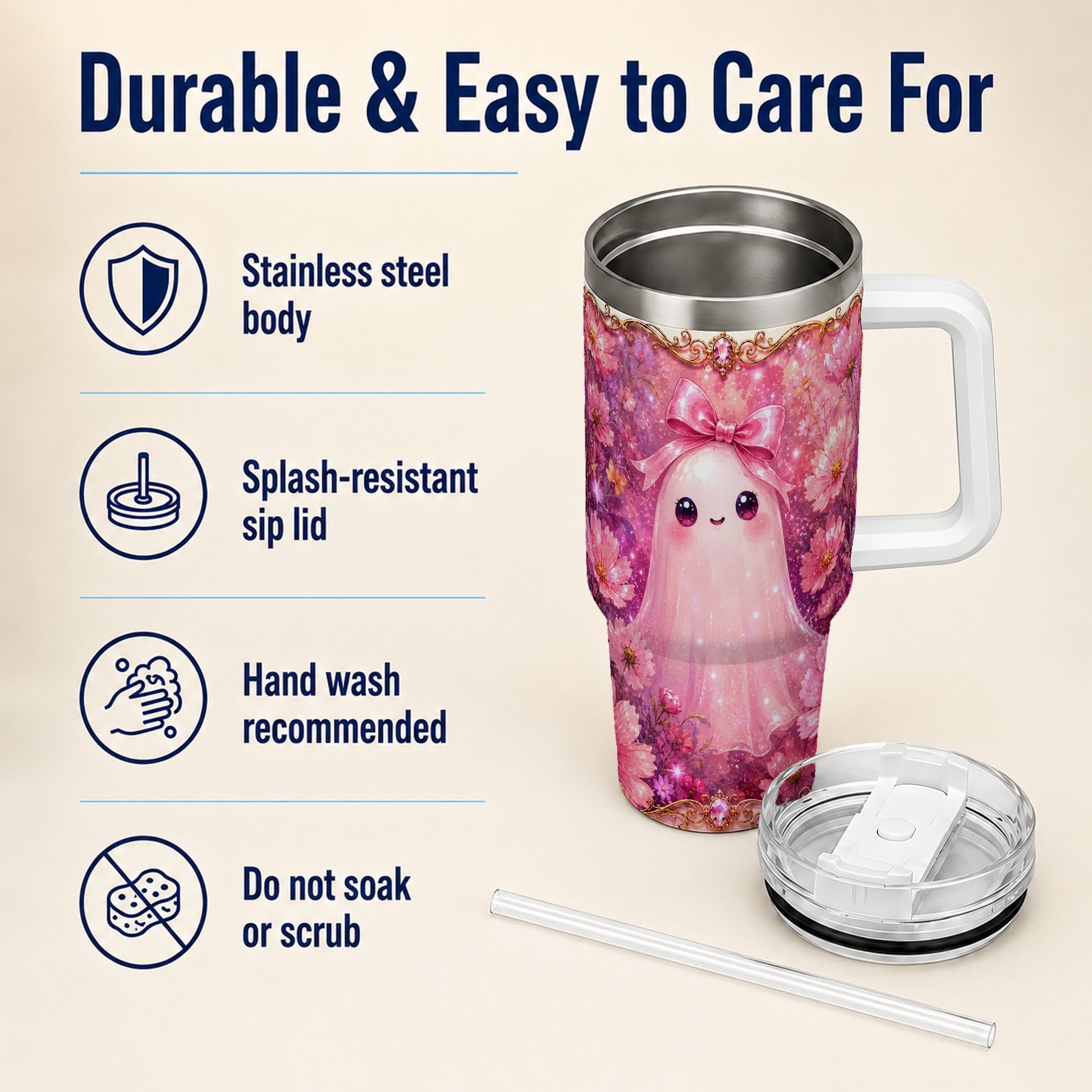 #pl[40oz|White] Pink Ghost 40oz Tumbler, Floral Bow Kawaii Stainless Steel Travel Cup