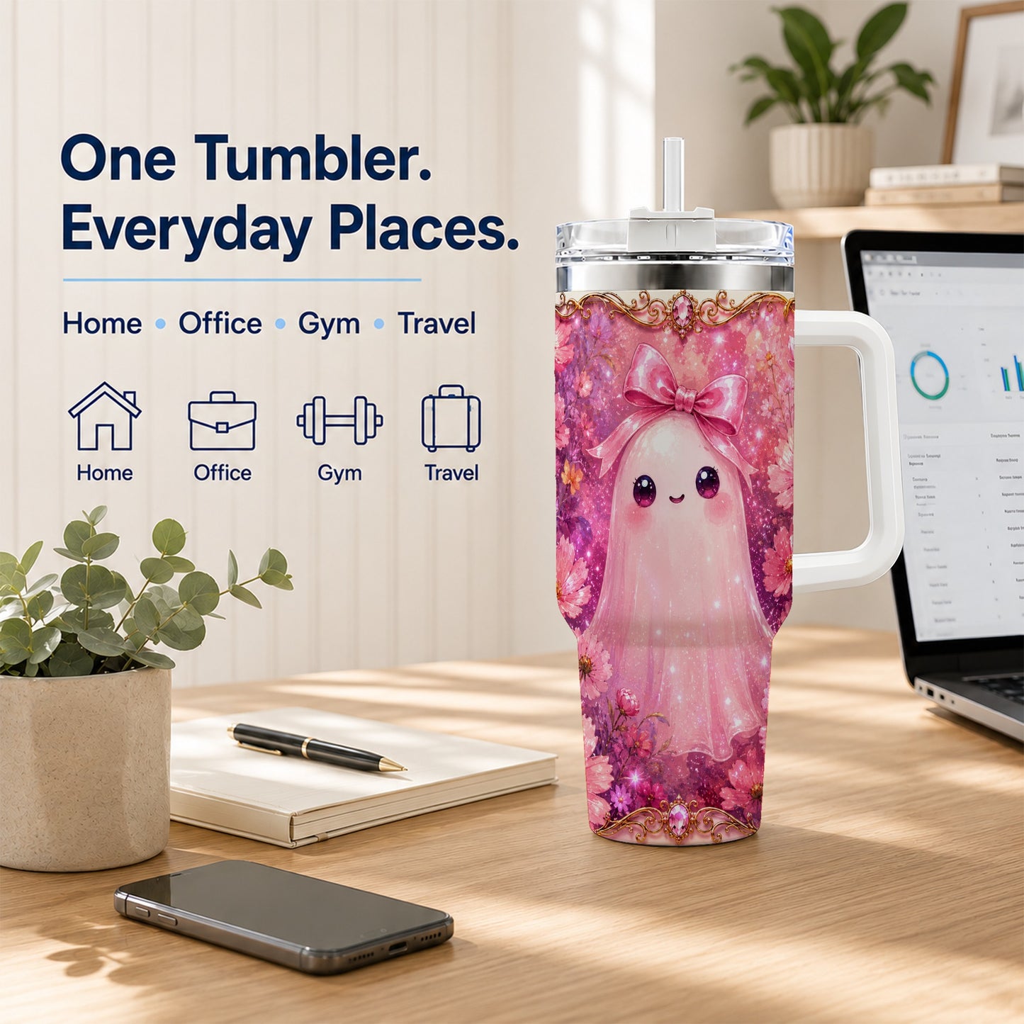 #pl[40oz|White] Pink Ghost 40oz Tumbler, Floral Bow Kawaii Stainless Steel Travel Cup