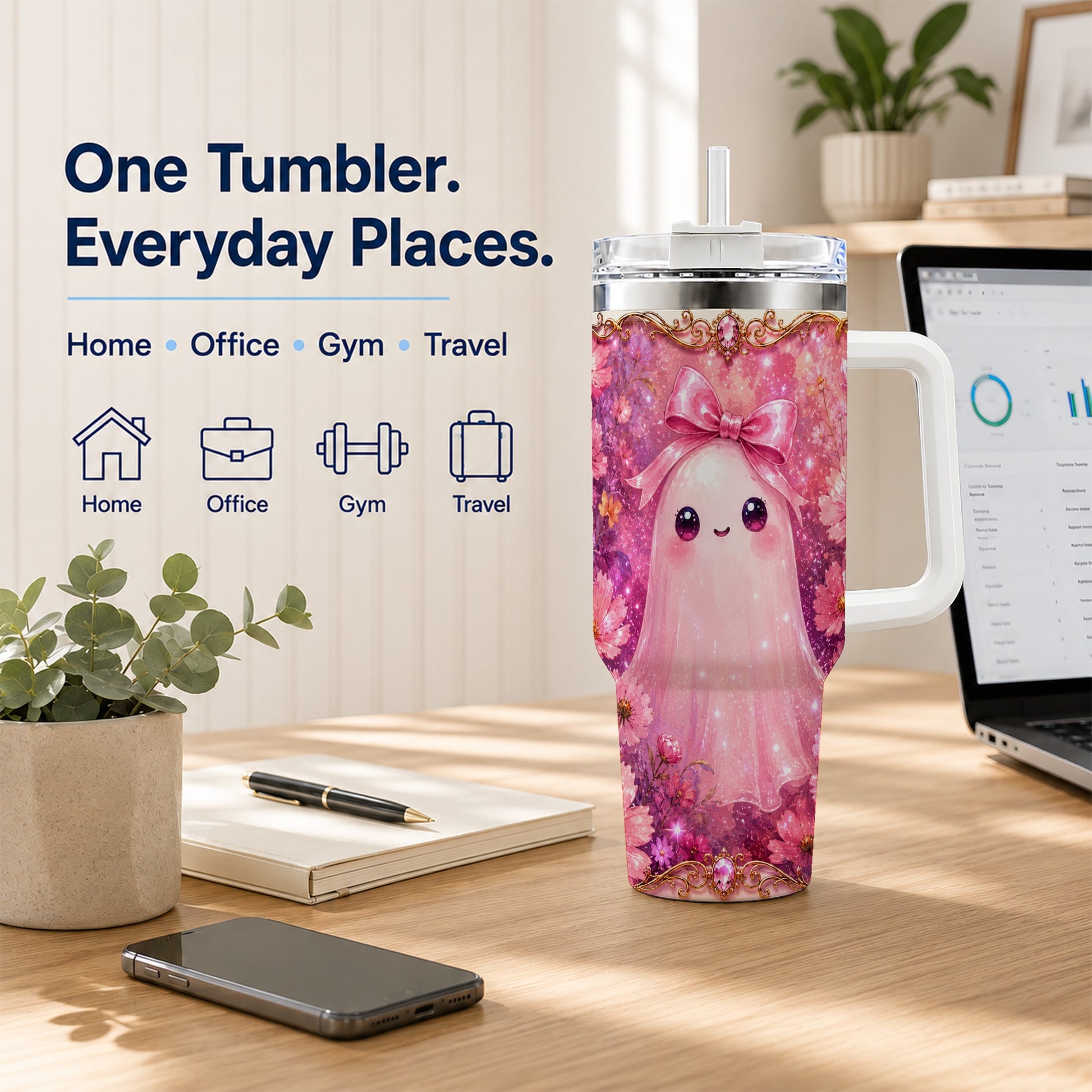 #pl[40oz|White] Pink Ghost 40oz Tumbler, Floral Bow Kawaii Stainless Steel Travel Cup