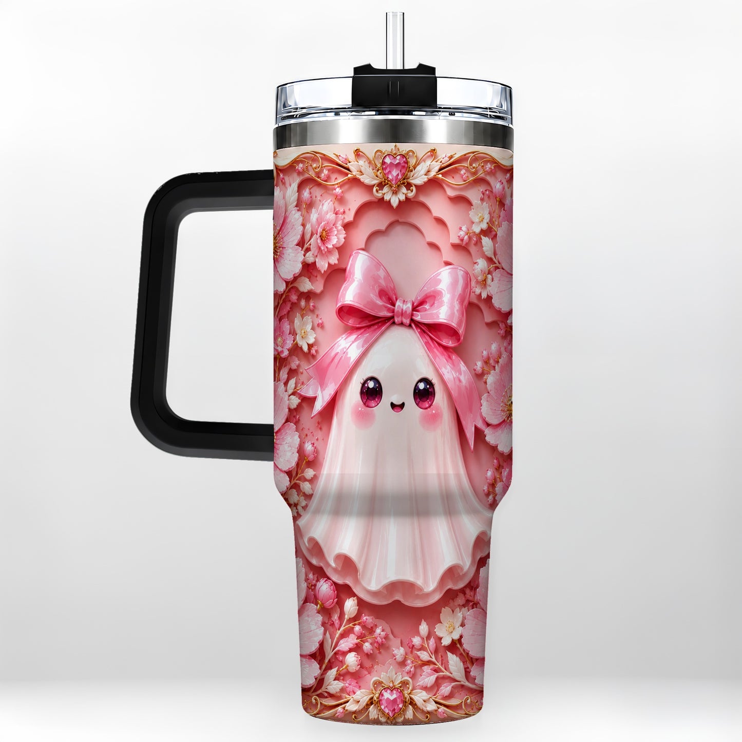 #pl[40oz|Black] Pink Ghost 40oz Tumbler, Floral Bow Kawaii Stainless Steel Travel Cup