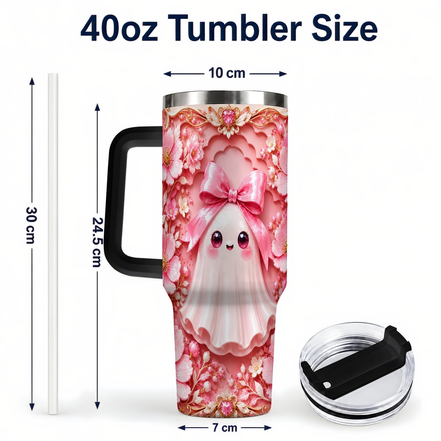 #pl[40oz|Black] Pink Ghost 40oz Tumbler, Floral Bow Kawaii Stainless Steel Travel Cup