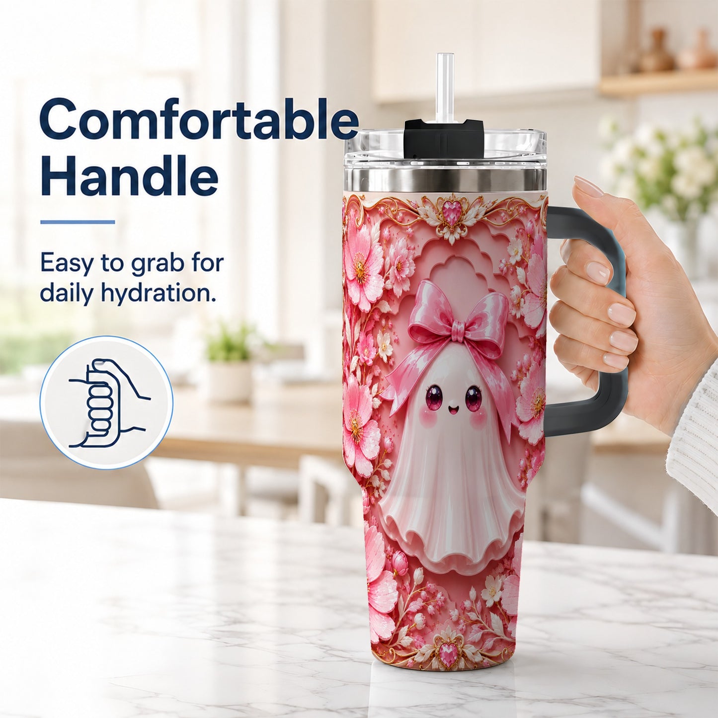 #pl[40oz|Black] Pink Ghost 40oz Tumbler, Floral Bow Kawaii Stainless Steel Travel Cup