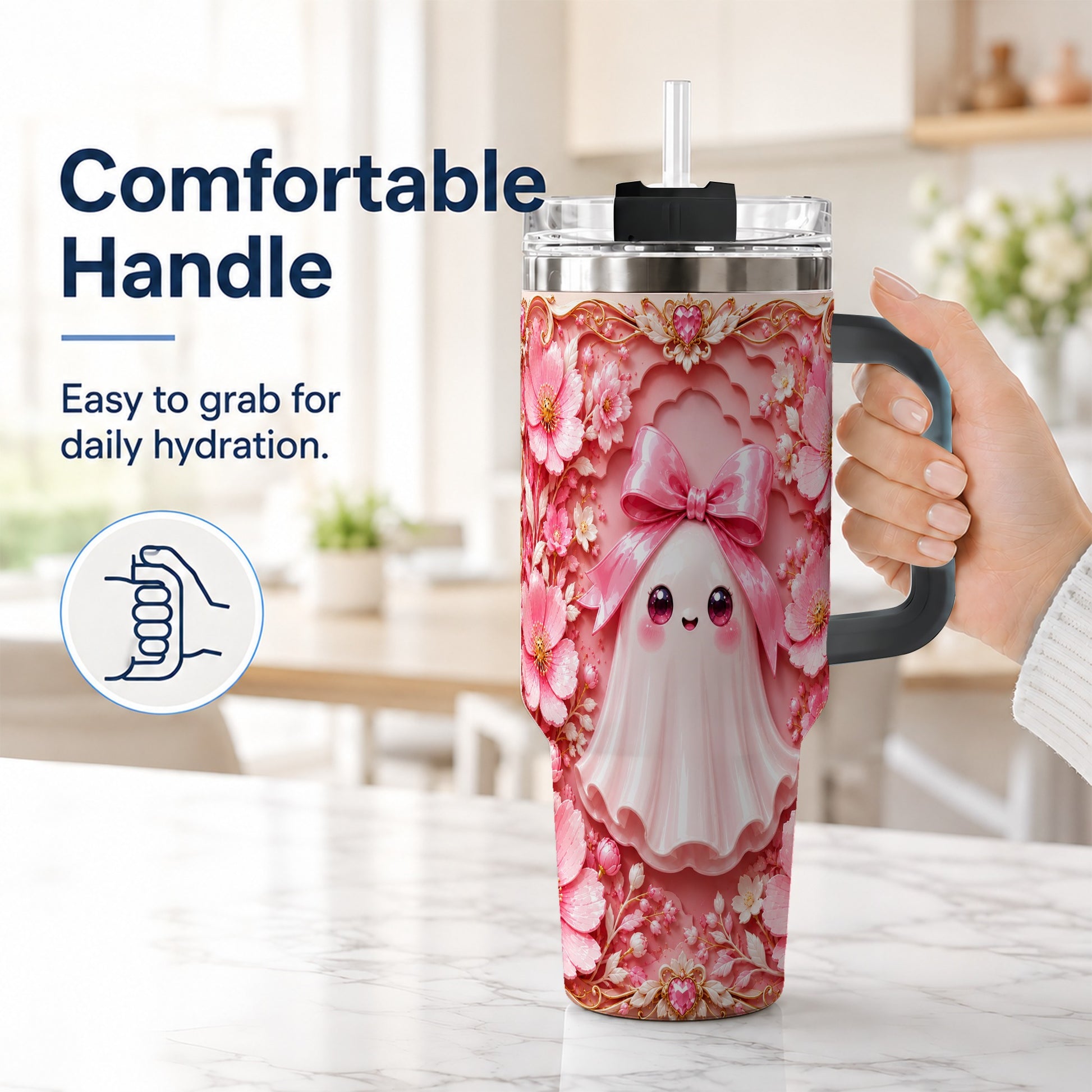 #pl[40oz|Black] Pink Ghost 40oz Tumbler, Floral Bow Kawaii Stainless Steel Travel Cup