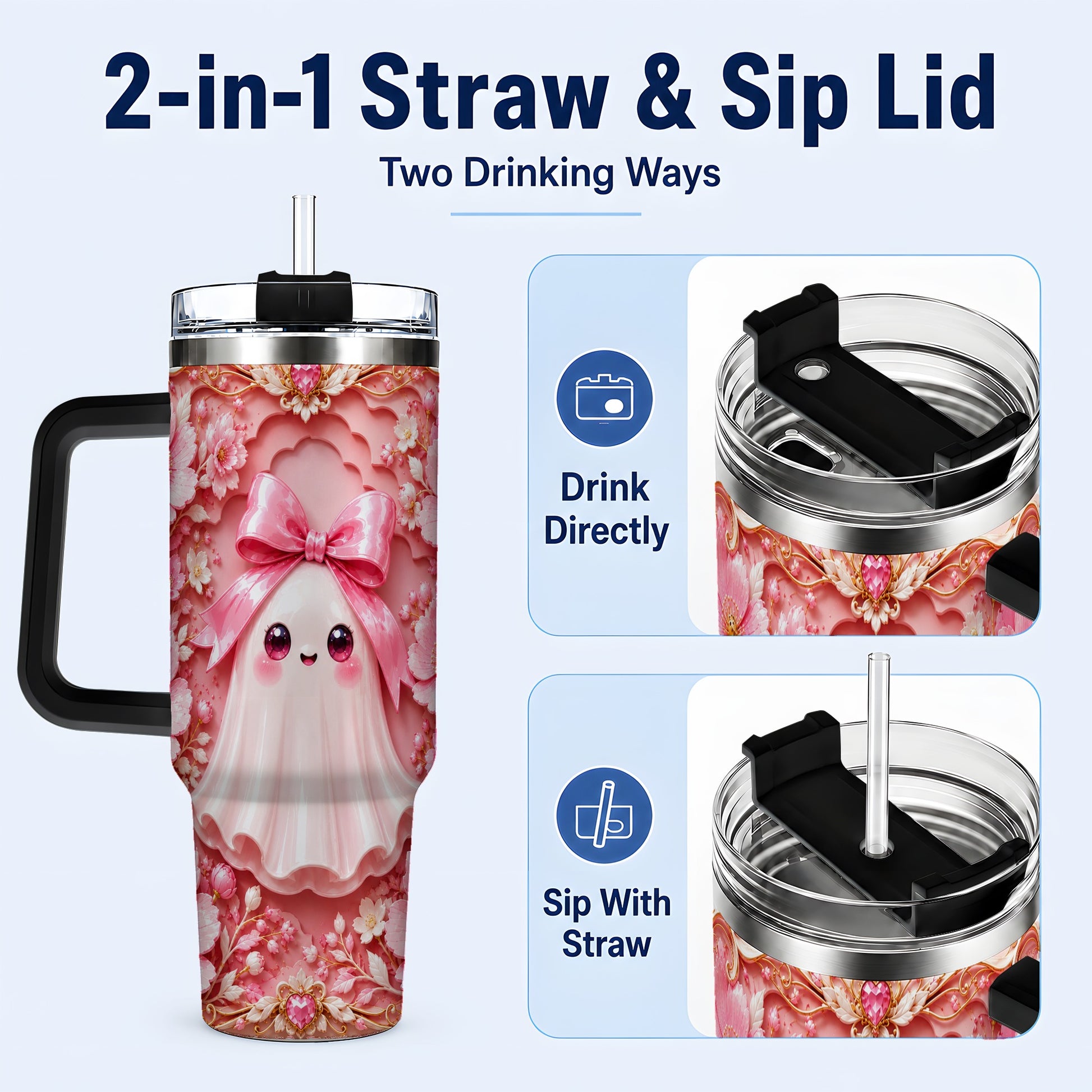 #pl[40oz|Black] Pink Ghost 40oz Tumbler, Floral Bow Kawaii Stainless Steel Travel Cup