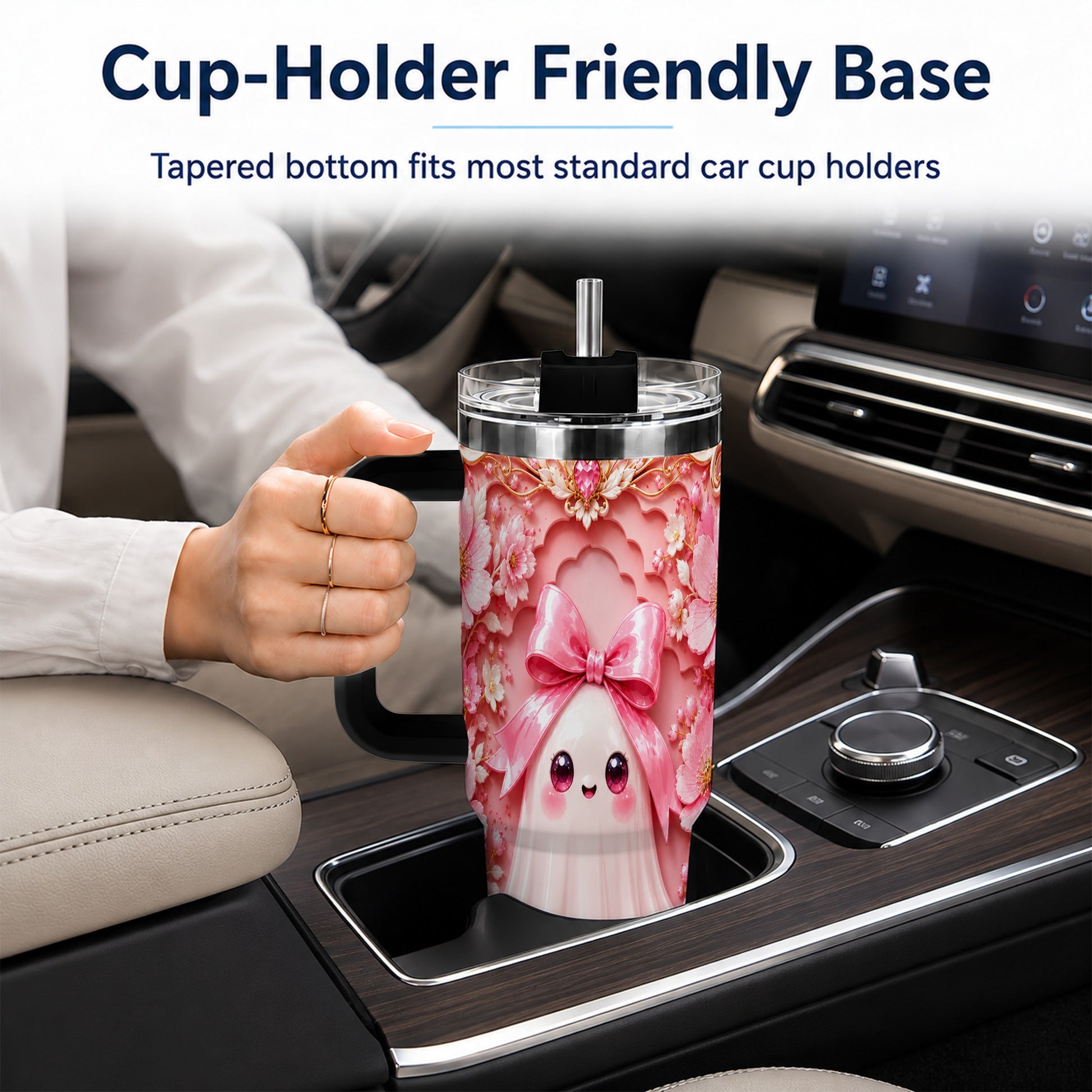 #pl[40oz|Black] Pink Ghost 40oz Tumbler, Floral Bow Kawaii Stainless Steel Travel Cup