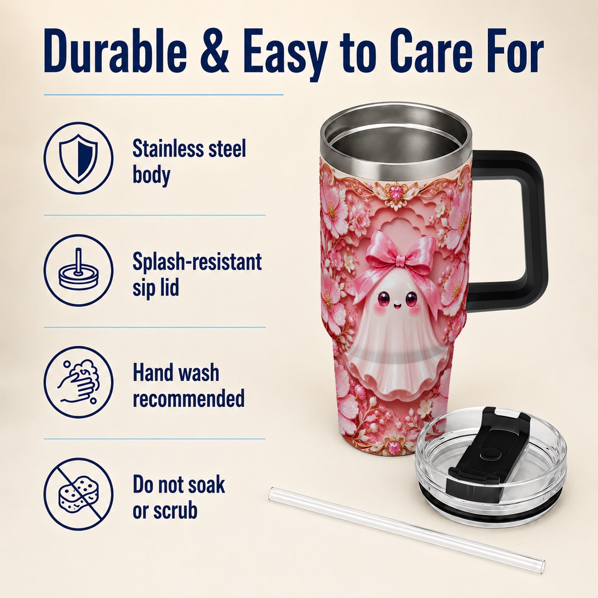 #pl[40oz|Black] Pink Ghost 40oz Tumbler, Floral Bow Kawaii Stainless Steel Travel Cup