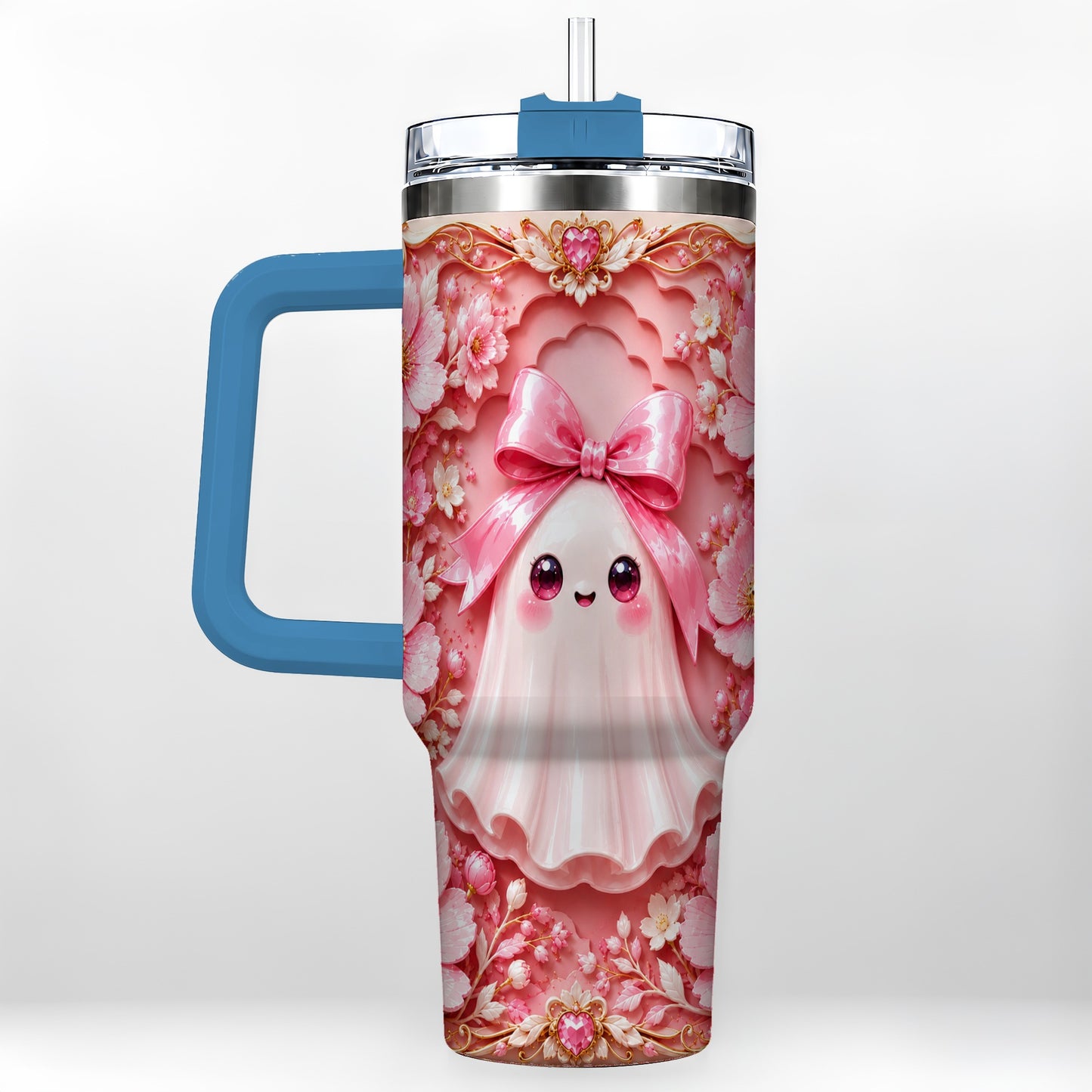 #pl[40oz|Blue] Pink Ghost 40oz Tumbler, Floral Bow Kawaii Stainless Steel Travel Cup