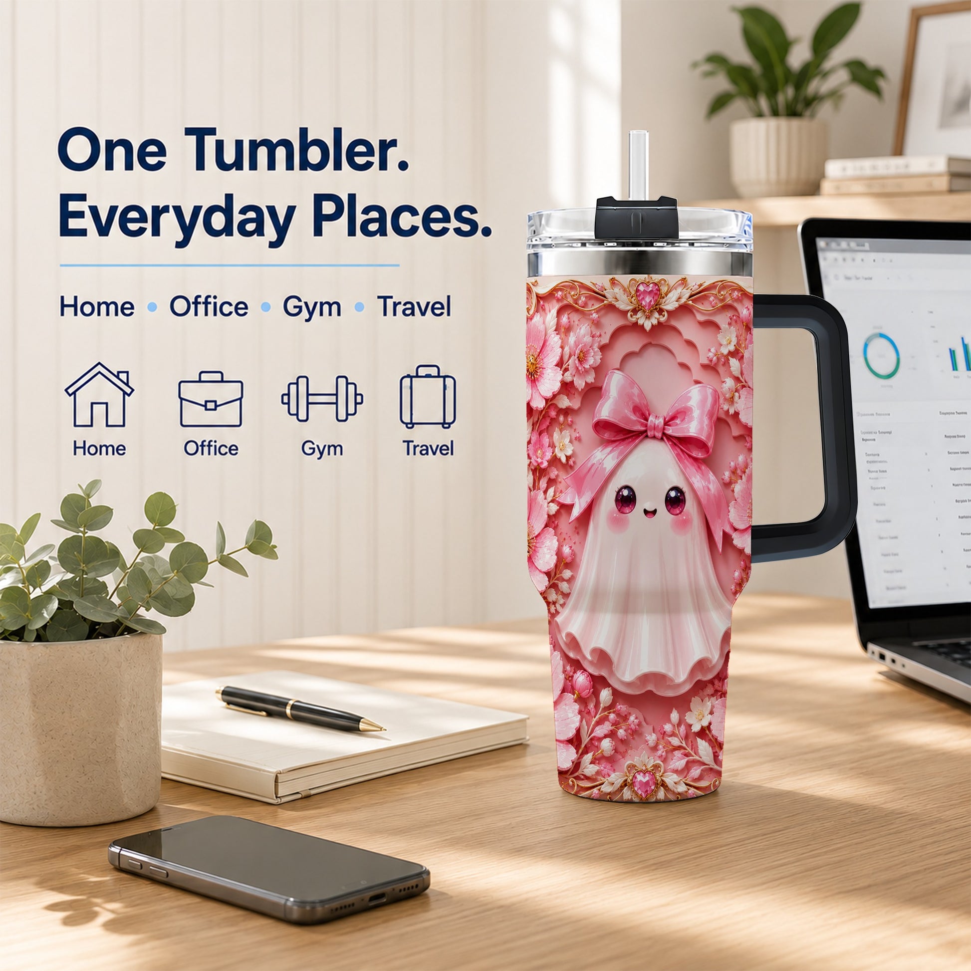 #pl[40oz|Black] Pink Ghost 40oz Tumbler, Floral Bow Kawaii Stainless Steel Travel Cup