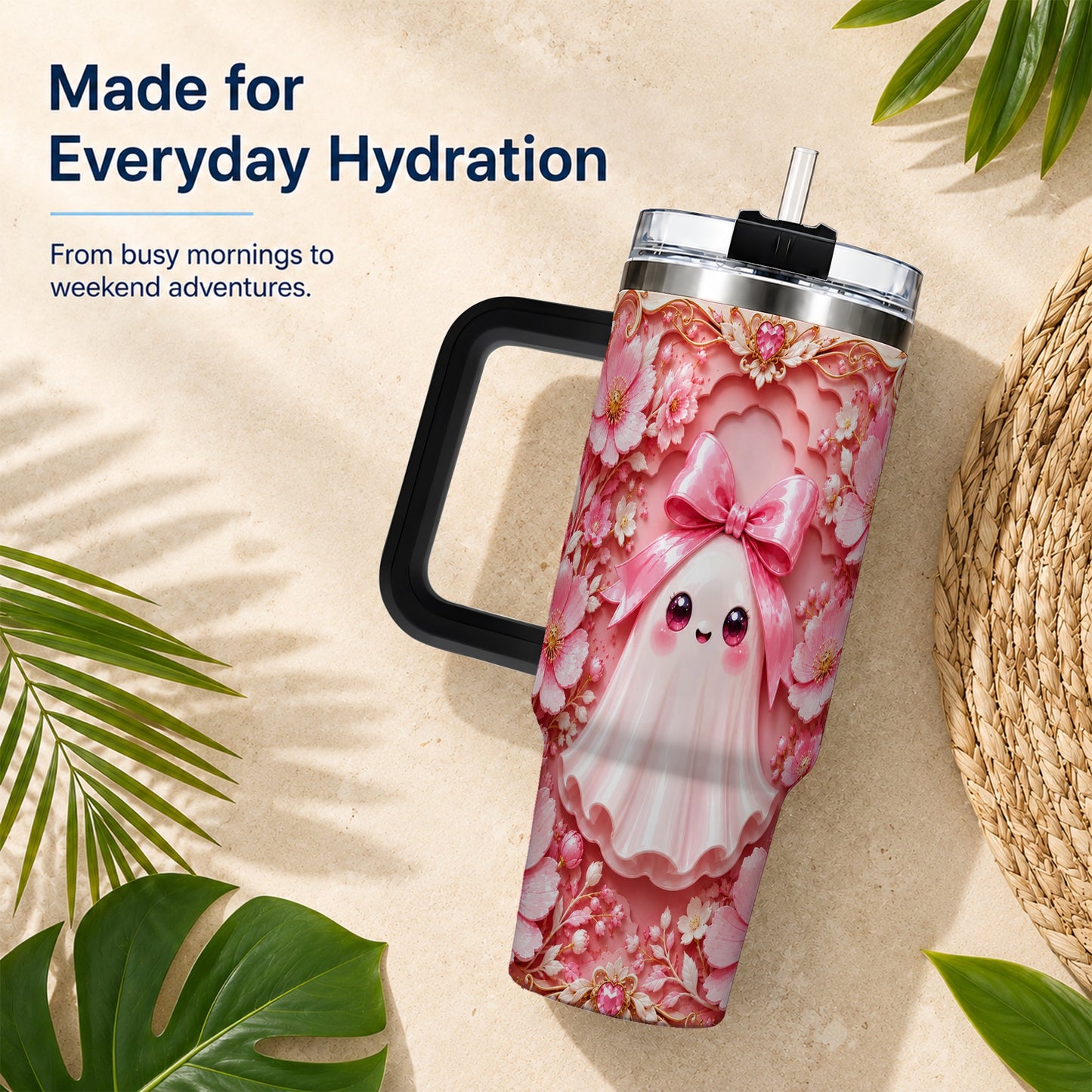 #pl[40oz|Black] Pink Ghost 40oz Tumbler, Floral Bow Kawaii Stainless Steel Travel Cup
