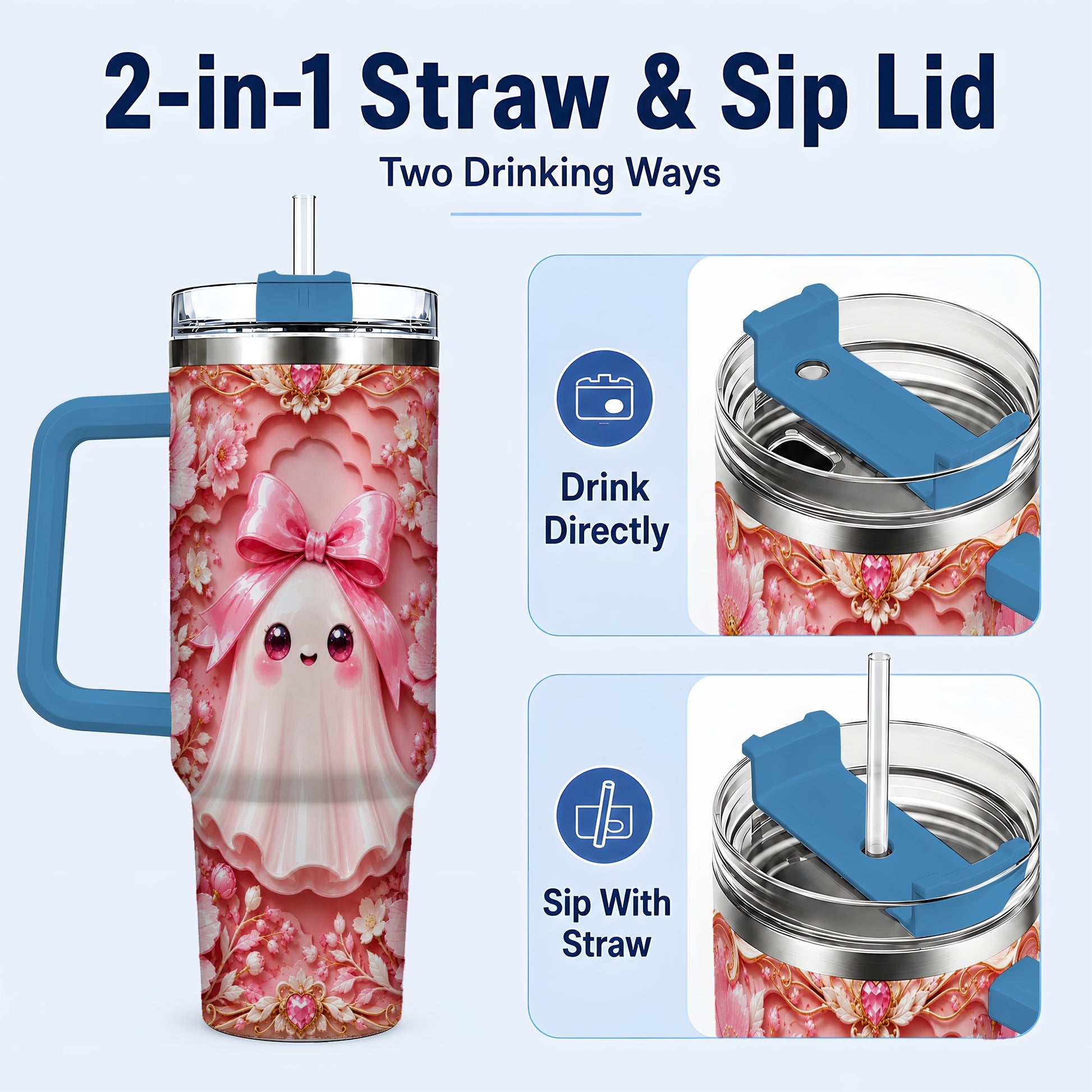 #pl[40oz|Blue] Pink Ghost 40oz Tumbler, Floral Bow Kawaii Stainless Steel Travel Cup