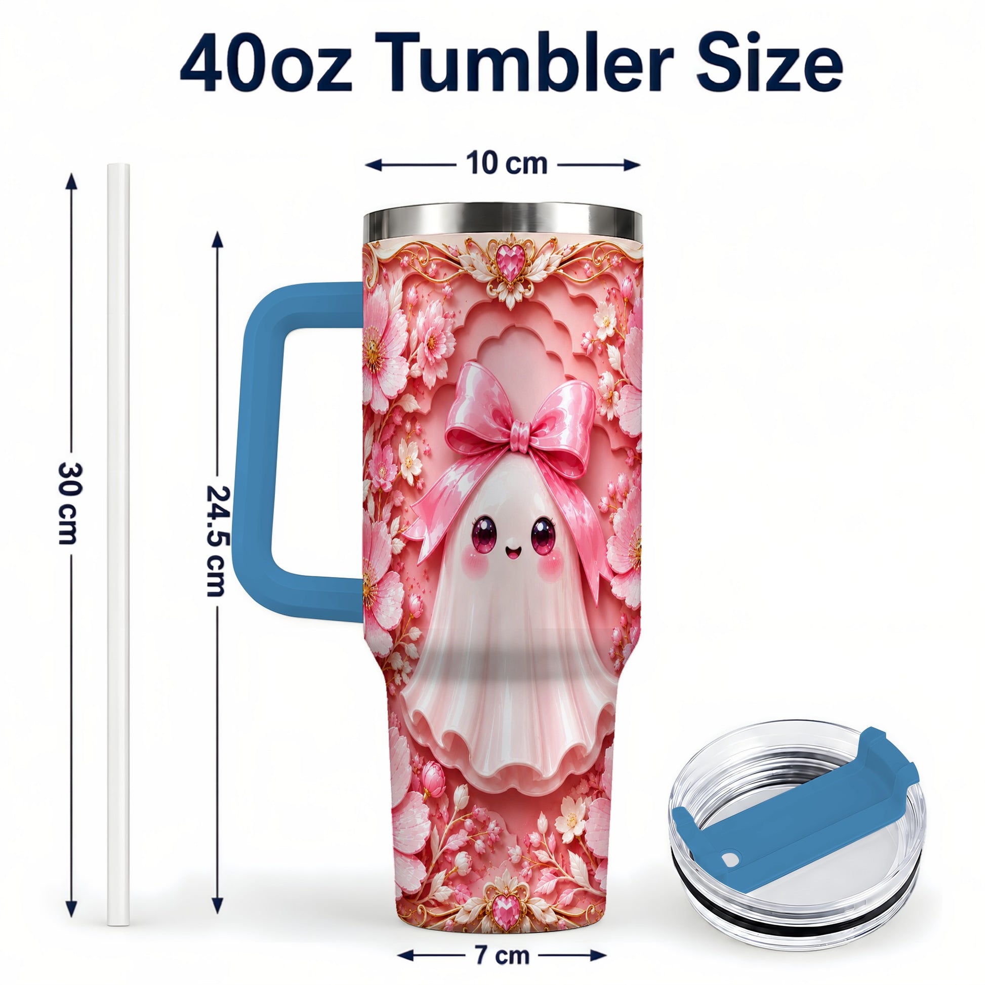 #pl[40oz|Blue] Pink Ghost 40oz Tumbler, Floral Bow Kawaii Stainless Steel Travel Cup