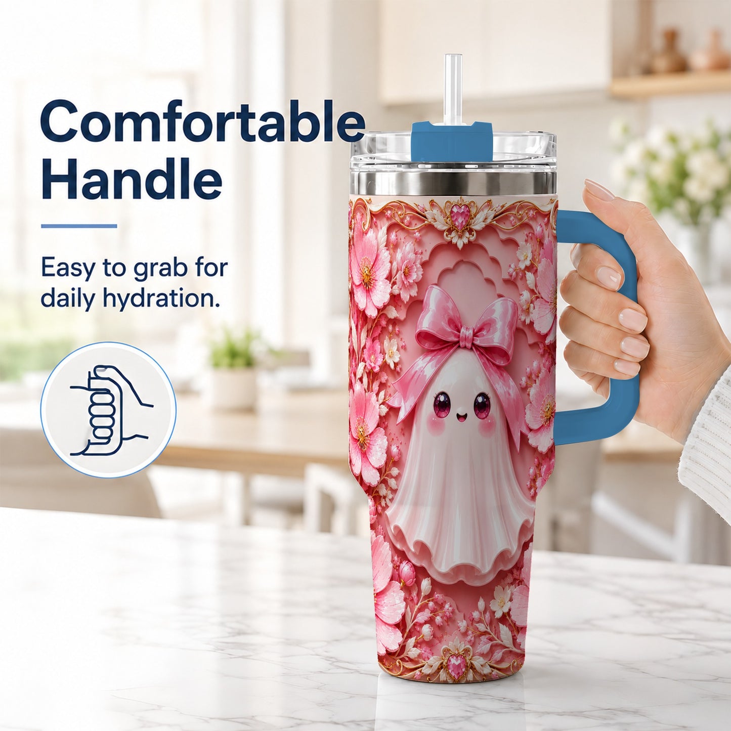 #pl[40oz|Blue] Pink Ghost 40oz Tumbler, Floral Bow Kawaii Stainless Steel Travel Cup