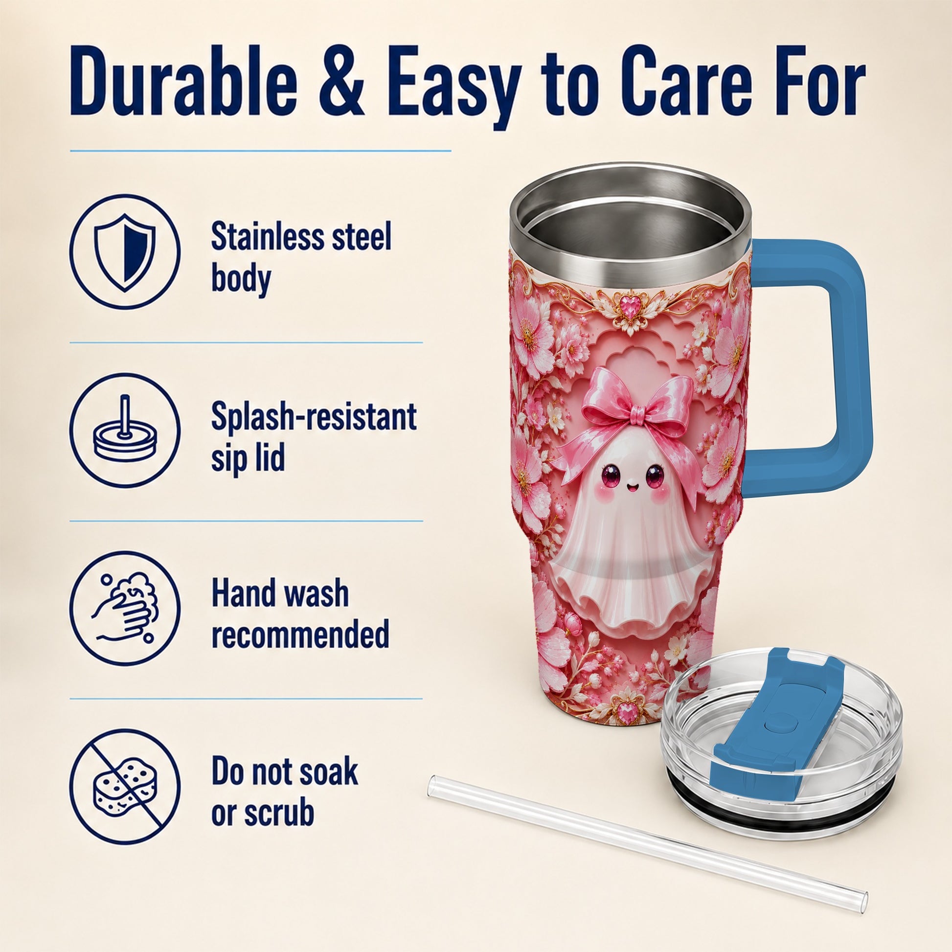 #pl[40oz|Blue] Pink Ghost 40oz Tumbler, Floral Bow Kawaii Stainless Steel Travel Cup