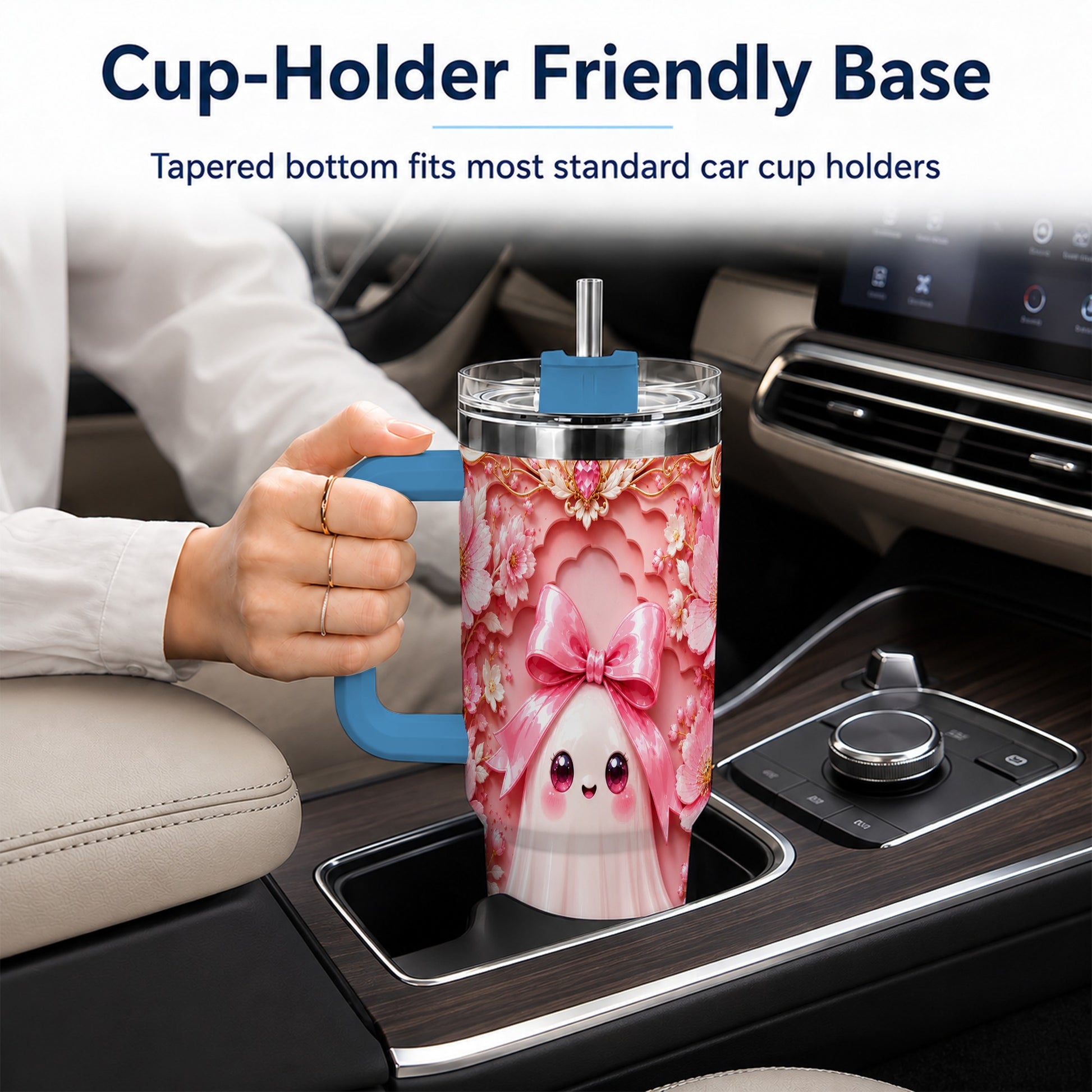 #pl[40oz|Blue] Pink Ghost 40oz Tumbler, Floral Bow Kawaii Stainless Steel Travel Cup