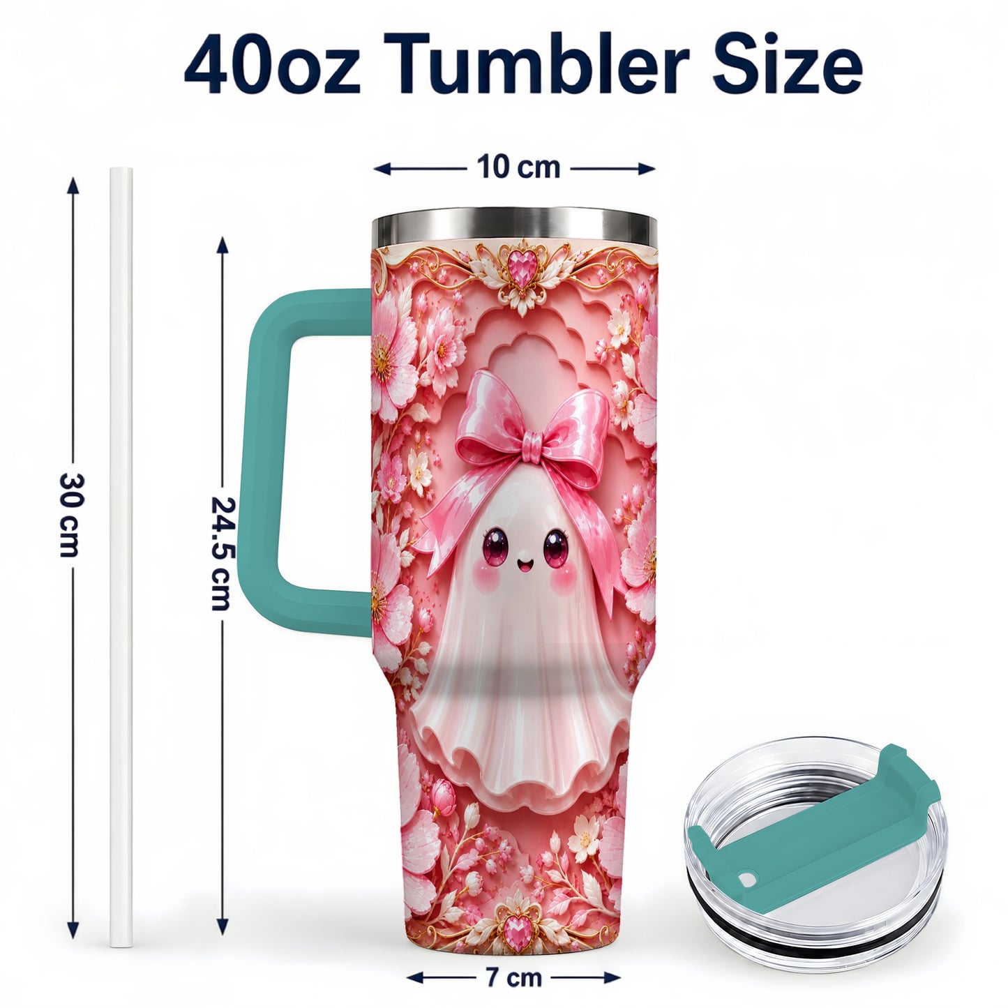 #pl[40oz|Green] Pink Ghost 40oz Tumbler, Floral Bow Kawaii Stainless Steel Travel Cup