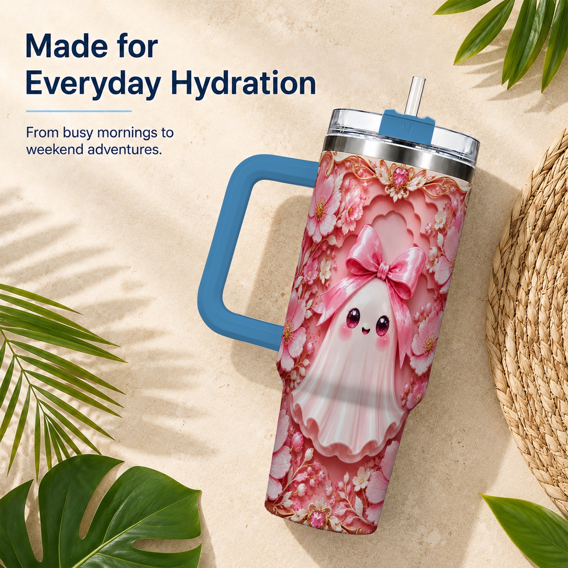 #pl[40oz|Blue] Pink Ghost 40oz Tumbler, Floral Bow Kawaii Stainless Steel Travel Cup