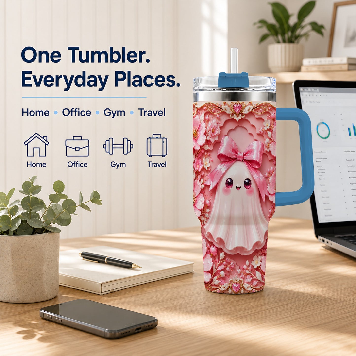#pl[40oz|Blue] Pink Ghost 40oz Tumbler, Floral Bow Kawaii Stainless Steel Travel Cup
