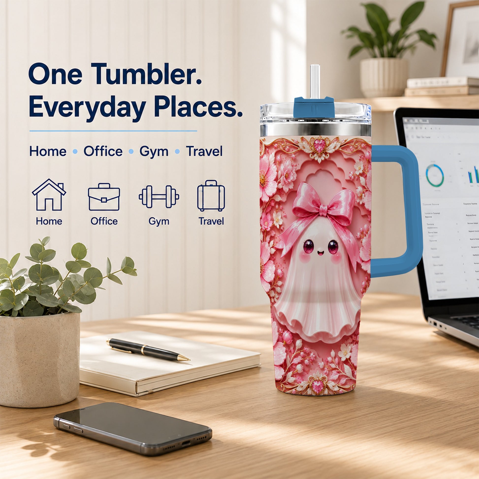 #pl[40oz|Blue] Pink Ghost 40oz Tumbler, Floral Bow Kawaii Stainless Steel Travel Cup