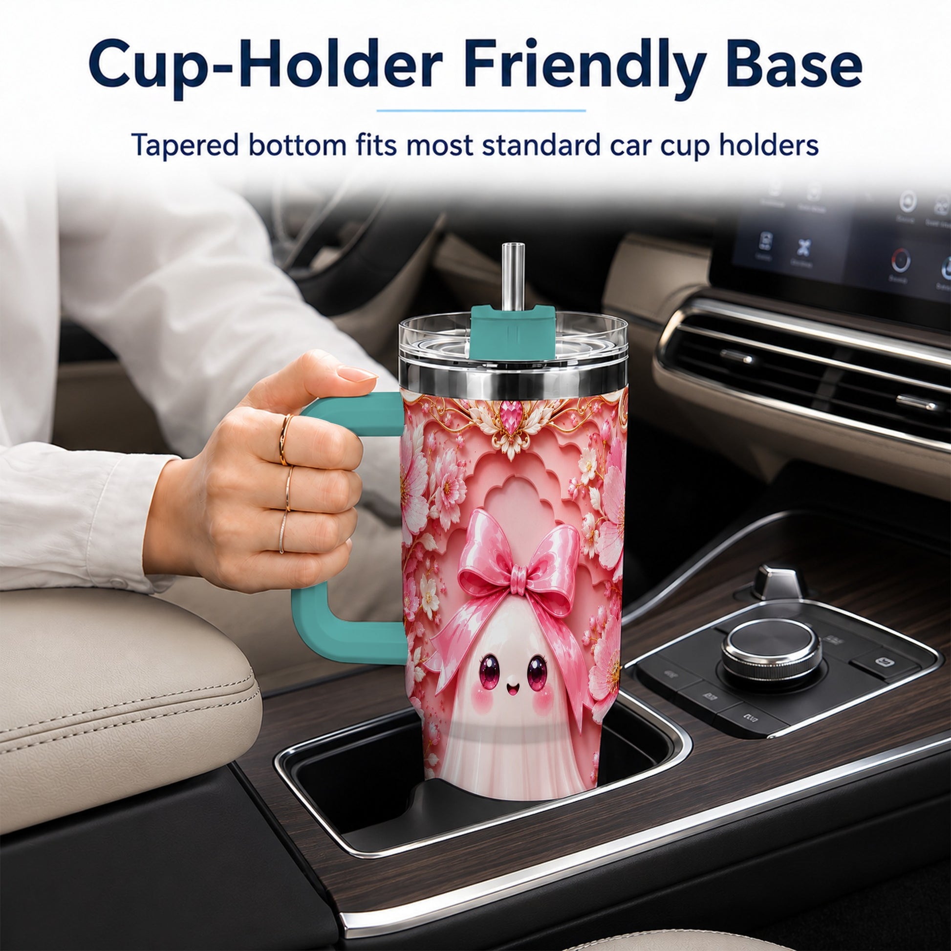 #pl[40oz|Green] Pink Ghost 40oz Tumbler, Floral Bow Kawaii Stainless Steel Travel Cup