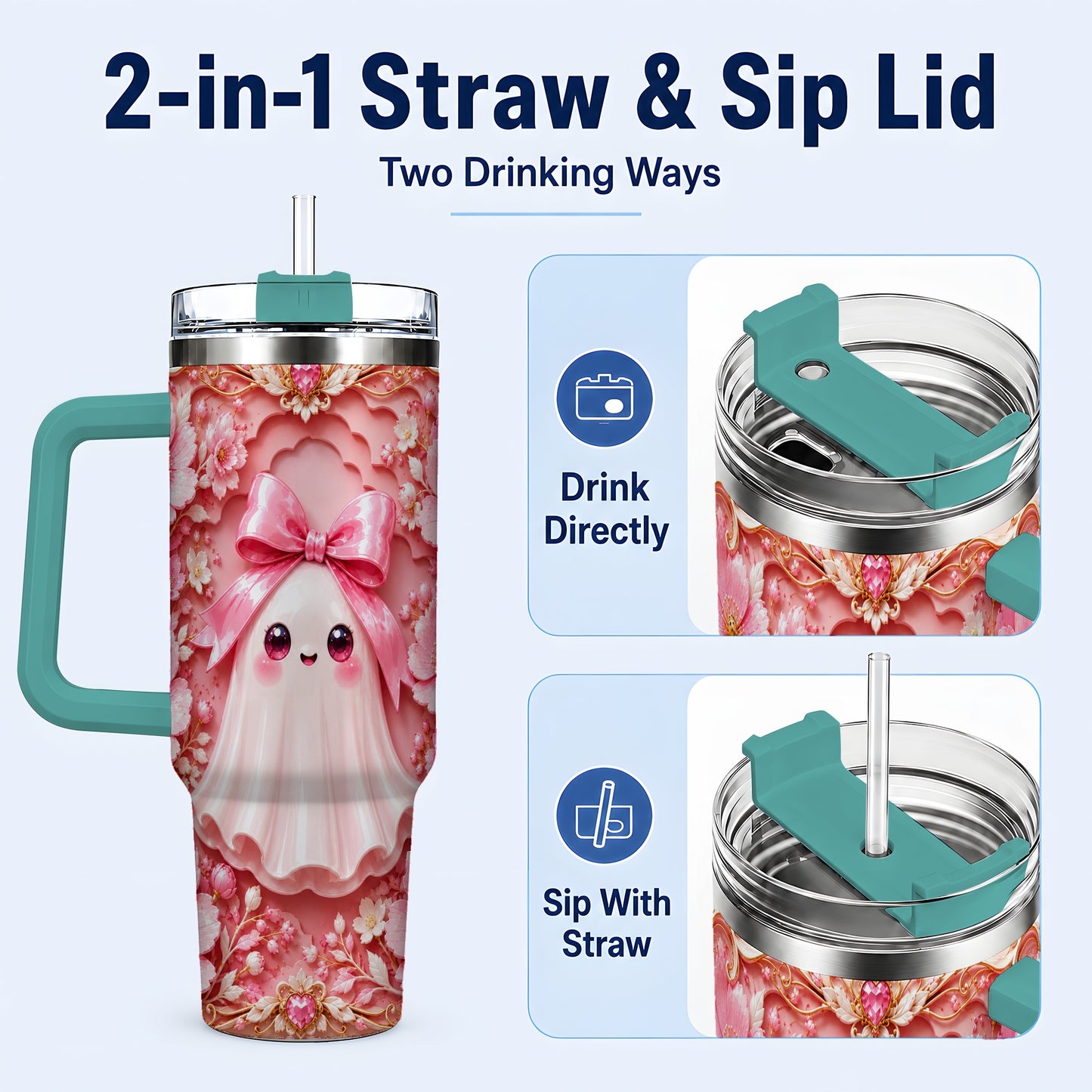 #pl[40oz|Green] Pink Ghost 40oz Tumbler, Floral Bow Kawaii Stainless Steel Travel Cup