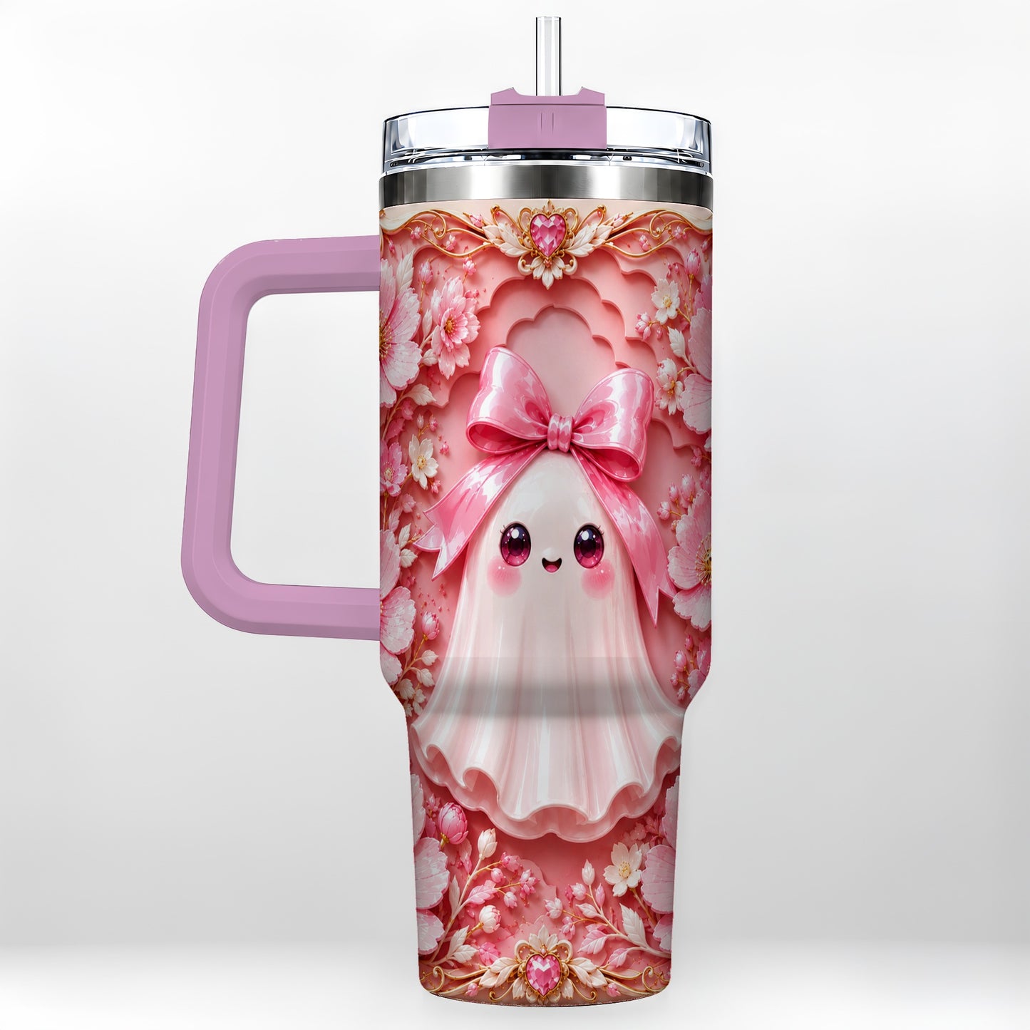 #pl[40oz|Pink] Pink Ghost 40oz Tumbler, Floral Bow Kawaii Stainless Steel Travel Cup