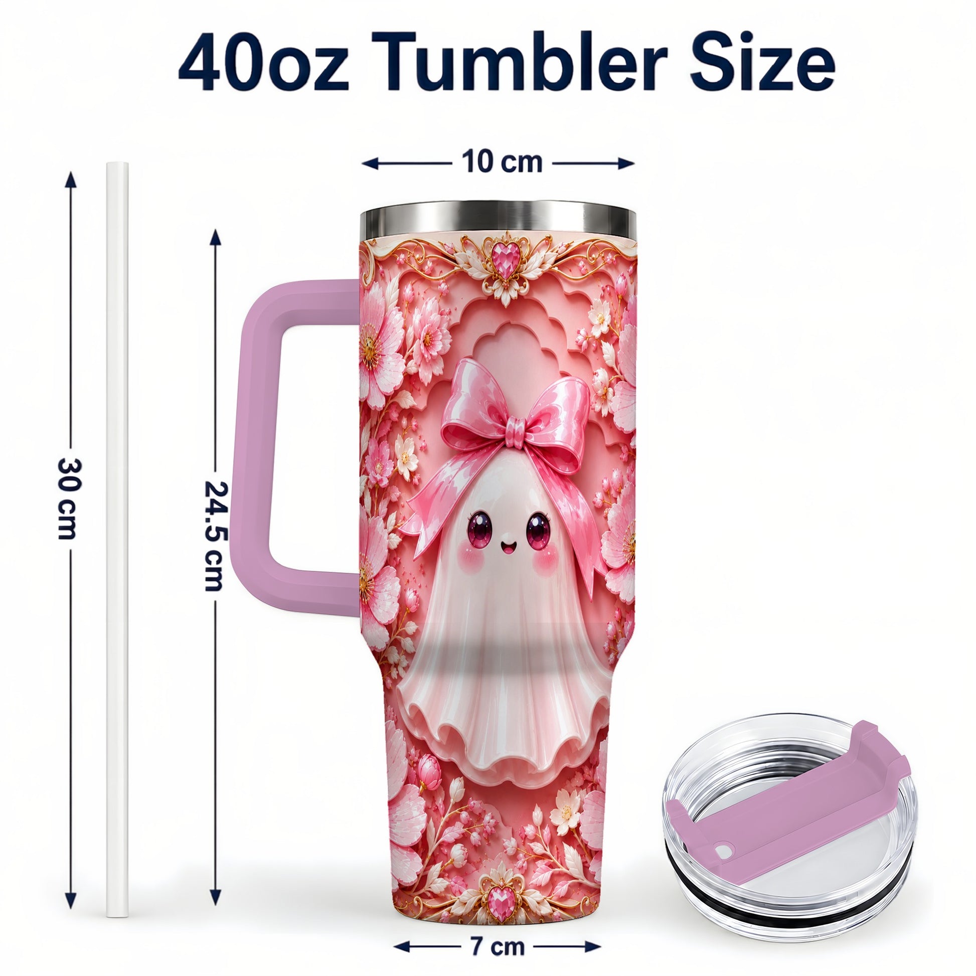 #pl[40oz|Pink] Pink Ghost 40oz Tumbler, Floral Bow Kawaii Stainless Steel Travel Cup