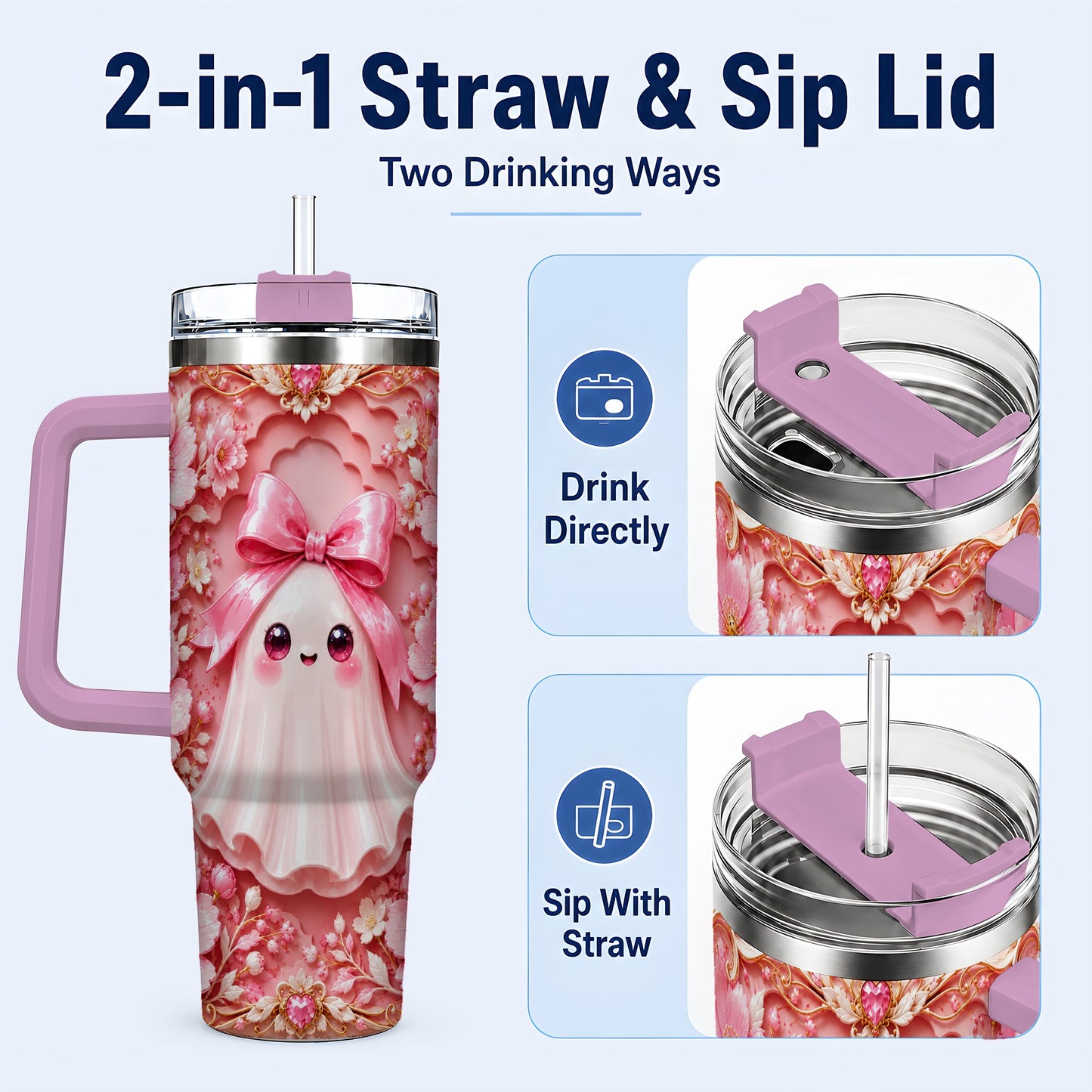 #pl[40oz|Pink] Pink Ghost 40oz Tumbler, Floral Bow Kawaii Stainless Steel Travel Cup