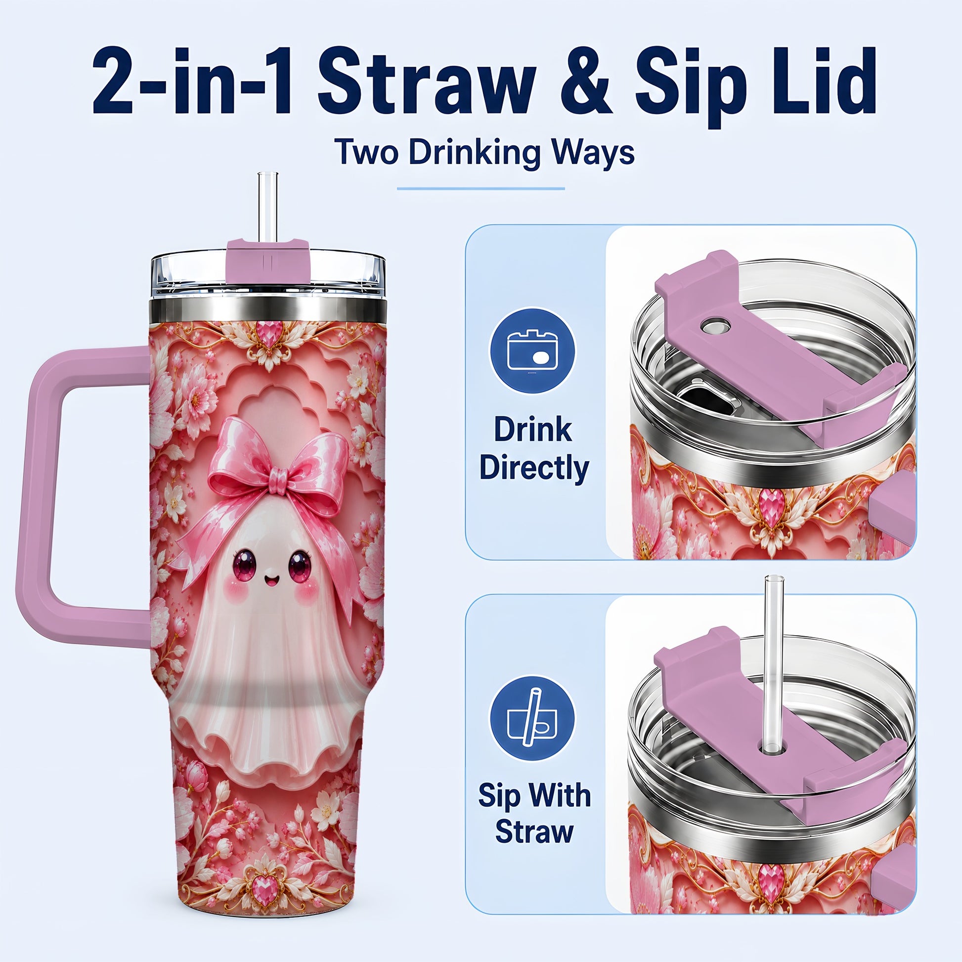 #pl[40oz|Pink] Pink Ghost 40oz Tumbler, Floral Bow Kawaii Stainless Steel Travel Cup