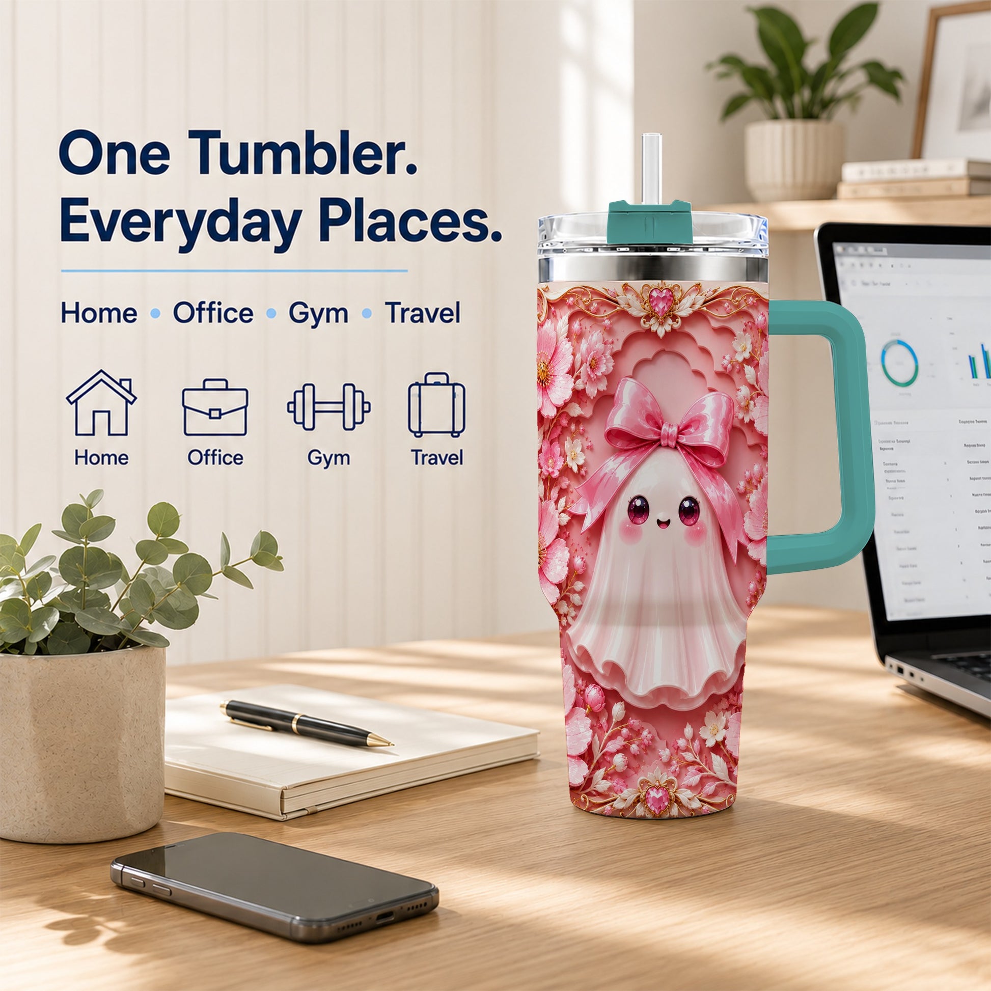 #pl[40oz|Green] Pink Ghost 40oz Tumbler, Floral Bow Kawaii Stainless Steel Travel Cup