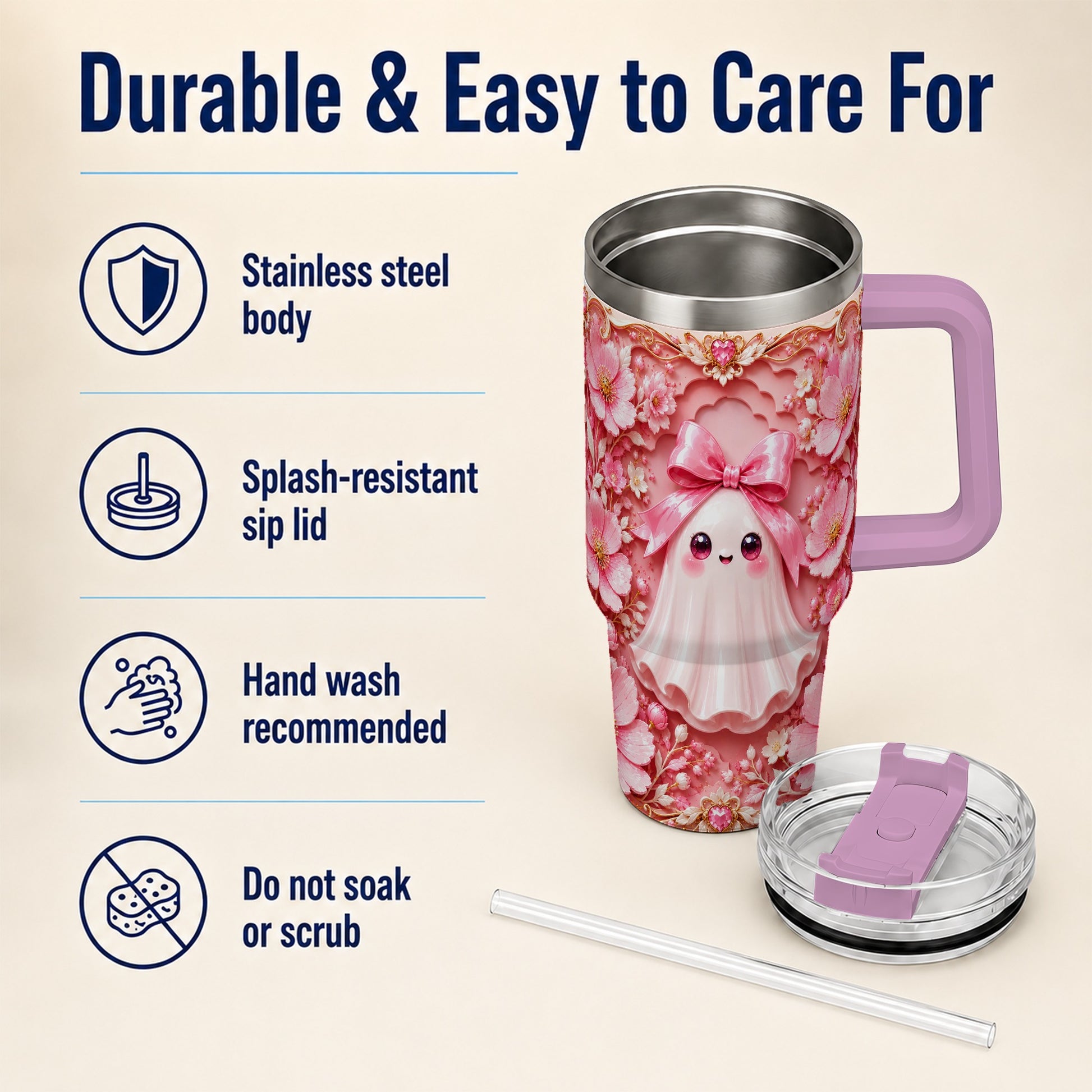 #pl[40oz|Pink] Pink Ghost 40oz Tumbler, Floral Bow Kawaii Stainless Steel Travel Cup