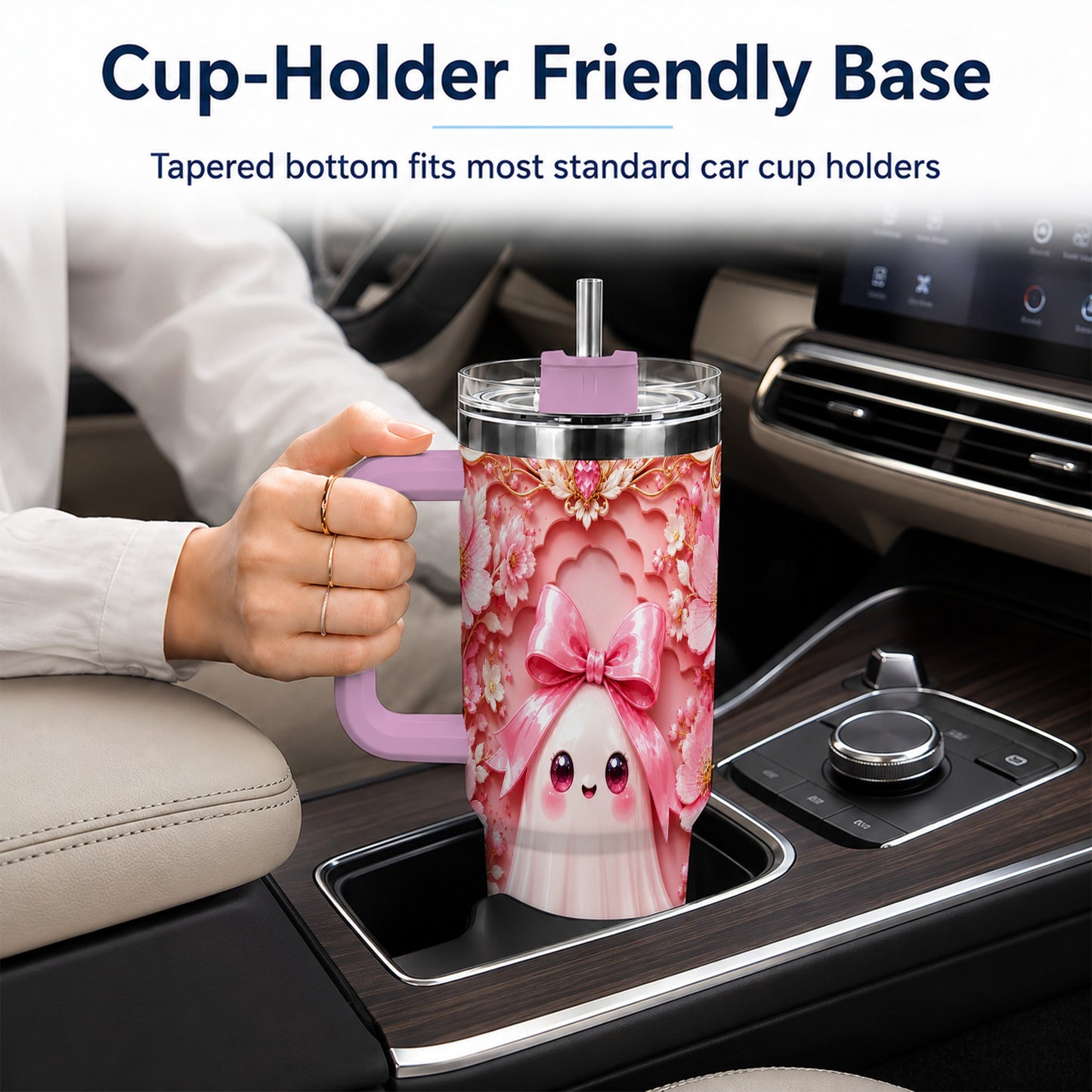 #pl[40oz|Pink] Pink Ghost 40oz Tumbler, Floral Bow Kawaii Stainless Steel Travel Cup