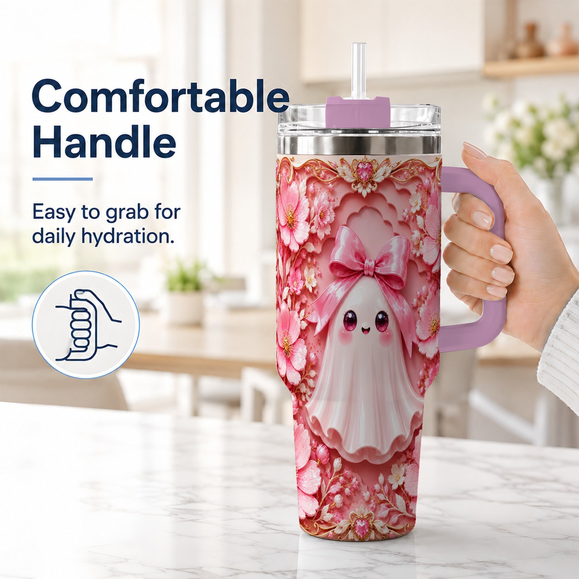 #pl[40oz|Pink] Pink Ghost 40oz Tumbler, Floral Bow Kawaii Stainless Steel Travel Cup