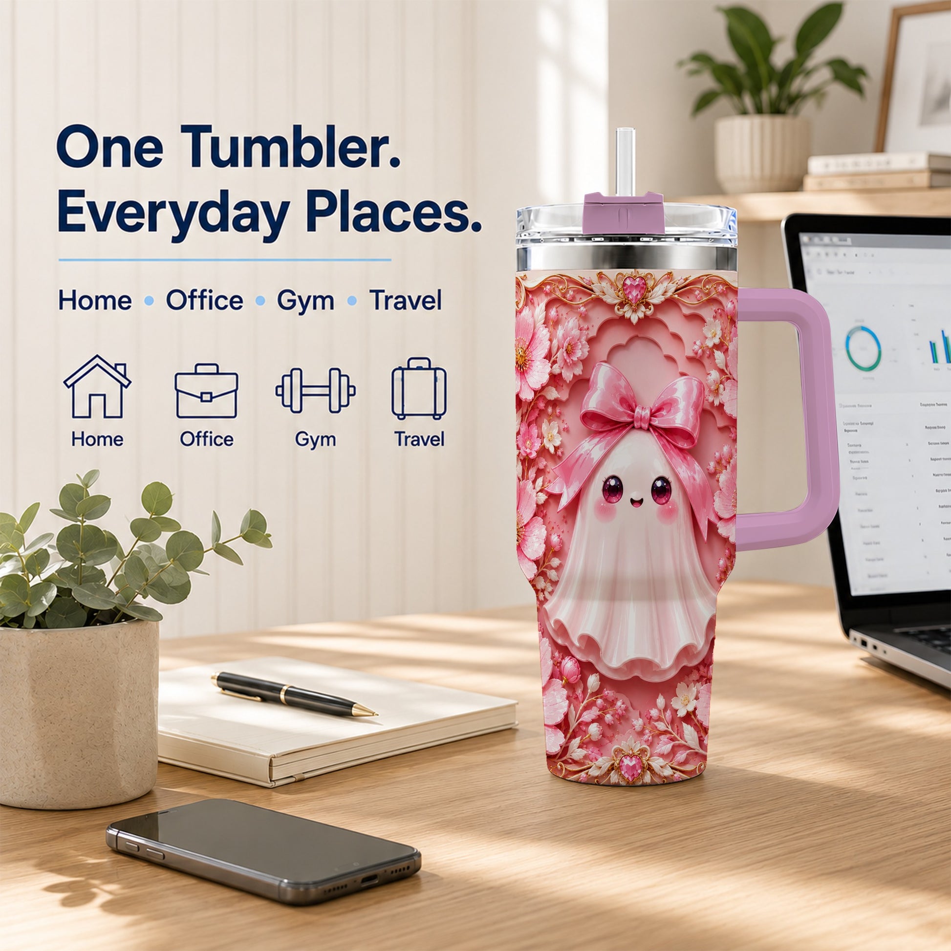 #pl[40oz|Pink] Pink Ghost 40oz Tumbler, Floral Bow Kawaii Stainless Steel Travel Cup