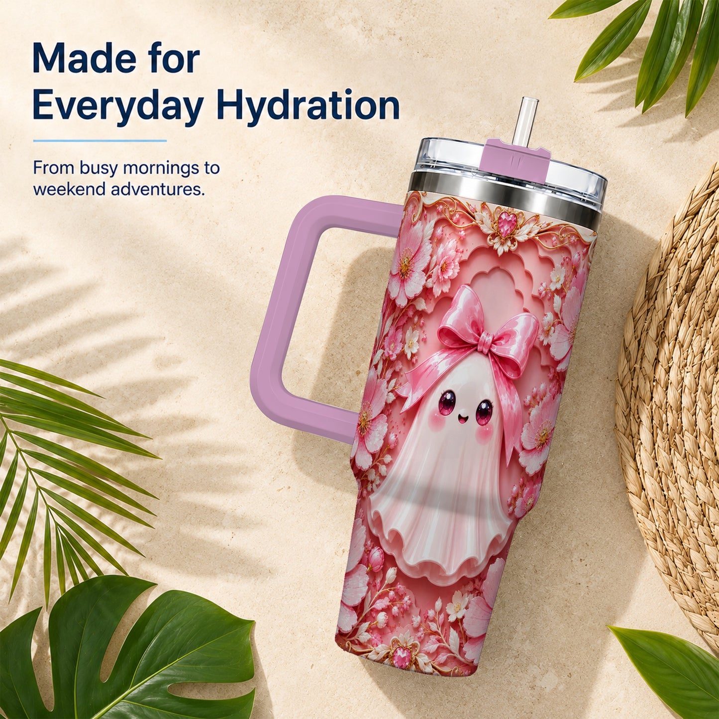 #pl[40oz|Pink] Pink Ghost 40oz Tumbler, Floral Bow Kawaii Stainless Steel Travel Cup